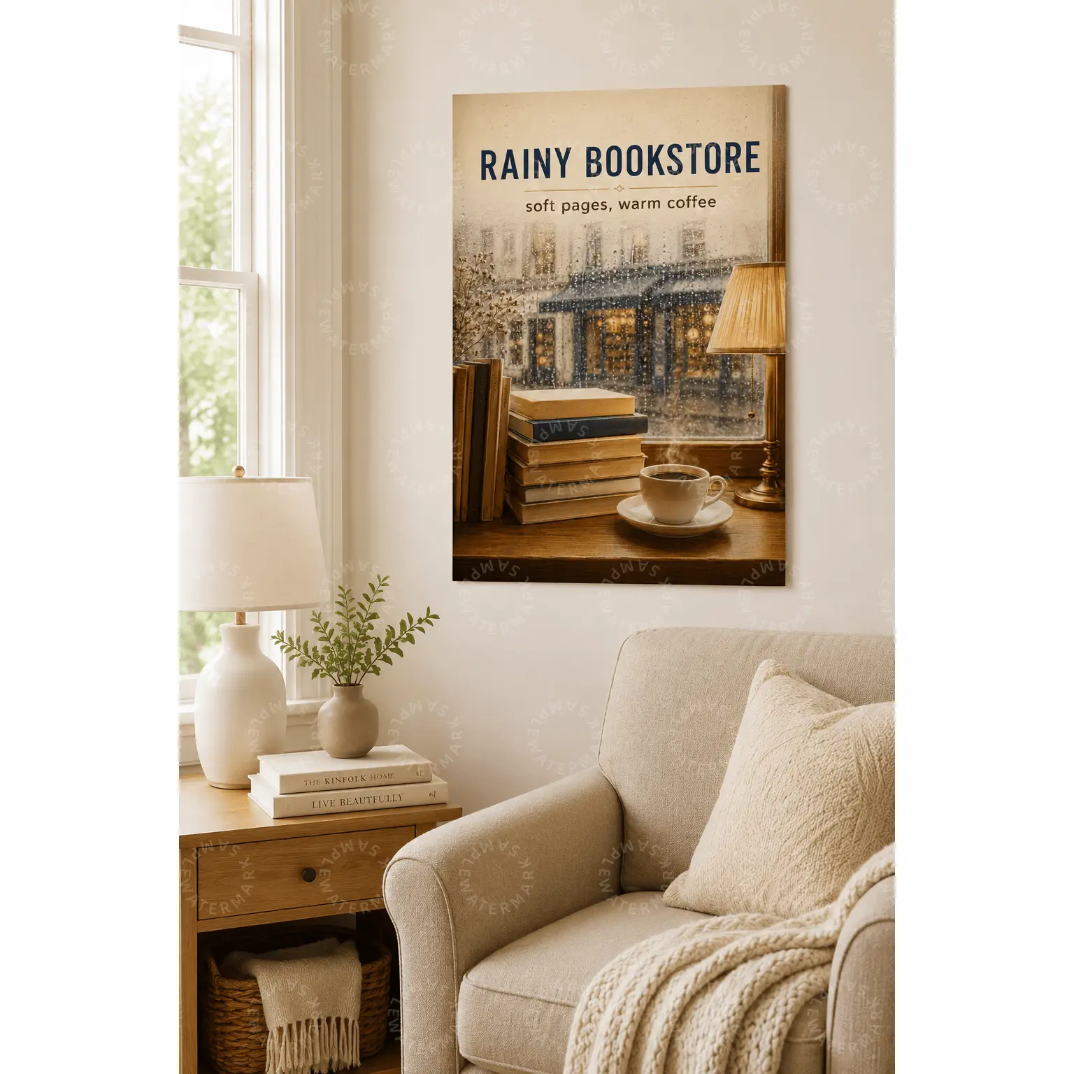 Rainy Bookstore Canvas Poster, Cozy Coffee & Books Wall Art, Vintage Beige Aesthetic Poster, Book Lover Gift, Reading Nook Decor, Bedroom Living Room Office Dorm Wall Decor