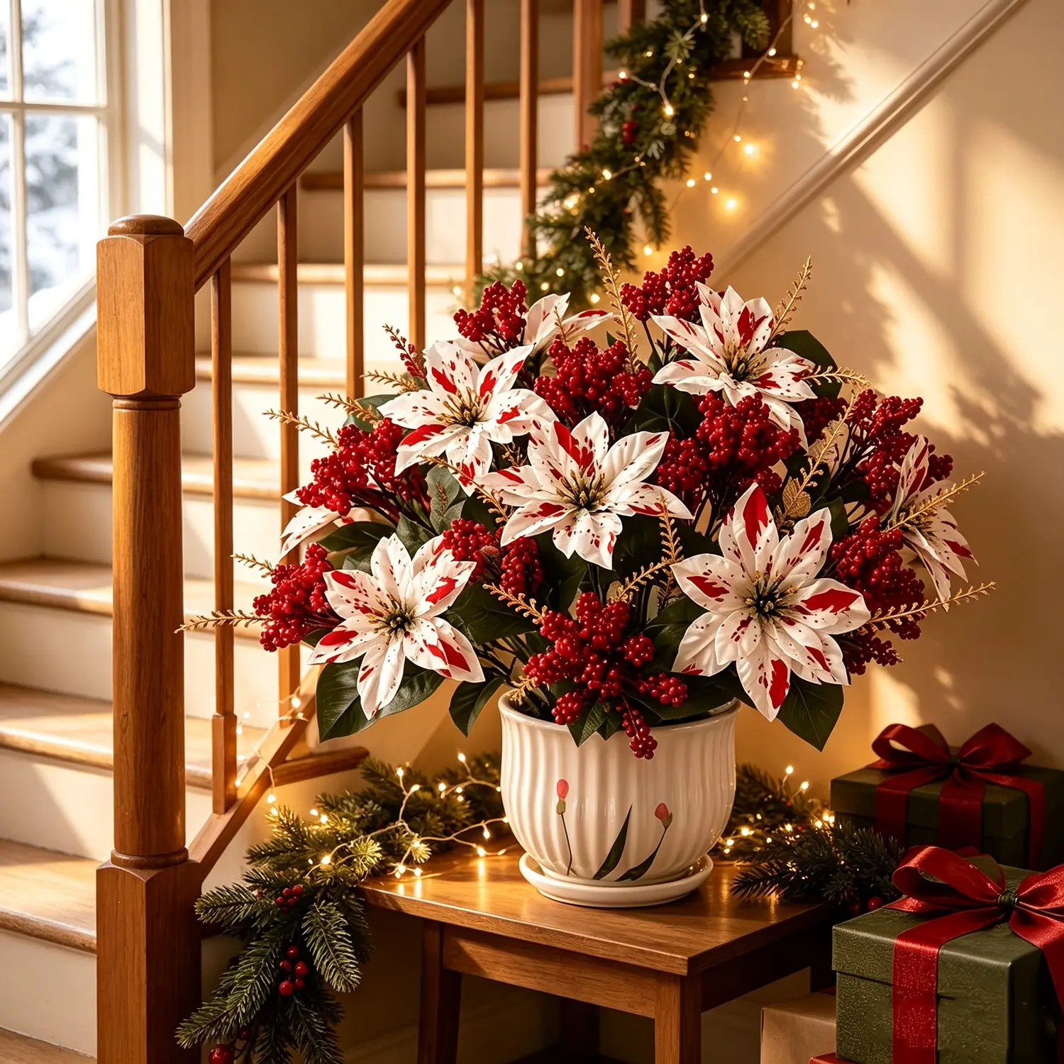 New Holiday Extra Large White Red Speckled Artificial Poinsettia Bouquet, Lifelike Faux Christmas Flowers with Plump Red Berries & Layered Green Leaves, Water & UV Resistant Floral Decor for Christmas Table Centerpiece, Mantel & Winter Farmhouse Decor