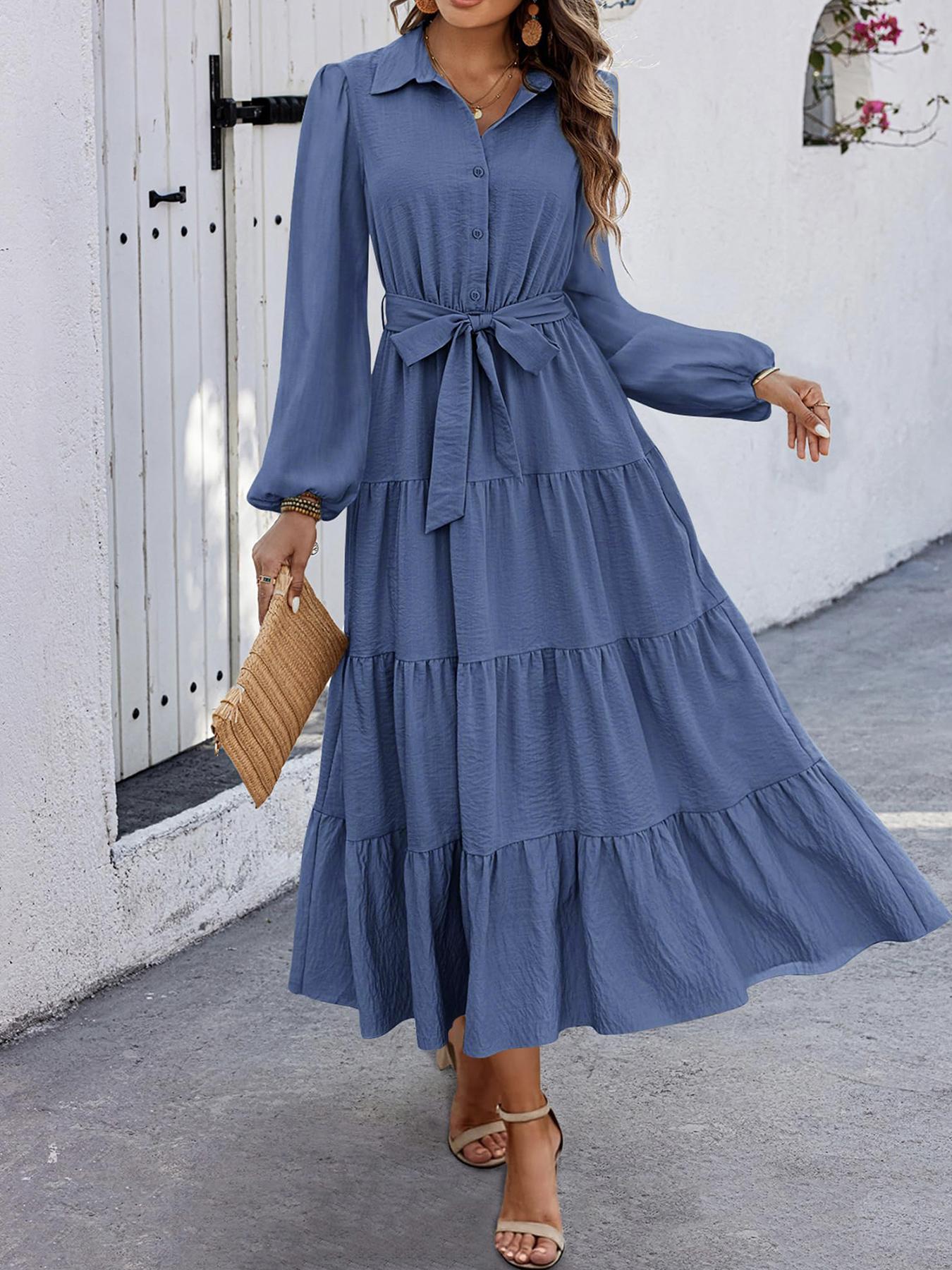 V Neck Pleated Belt Waist Tie Casual Long Sleeve Dress, Comfortable Resort Wear for Women, Stylish Summer Dress for Any Occasion