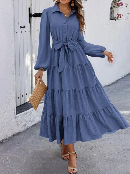 V Neck Pleated Belt Waist Tie Casual Long Sleeve Dress, Comfortable Resort Wear for Women, Stylish Summer Dress for Any Occasion