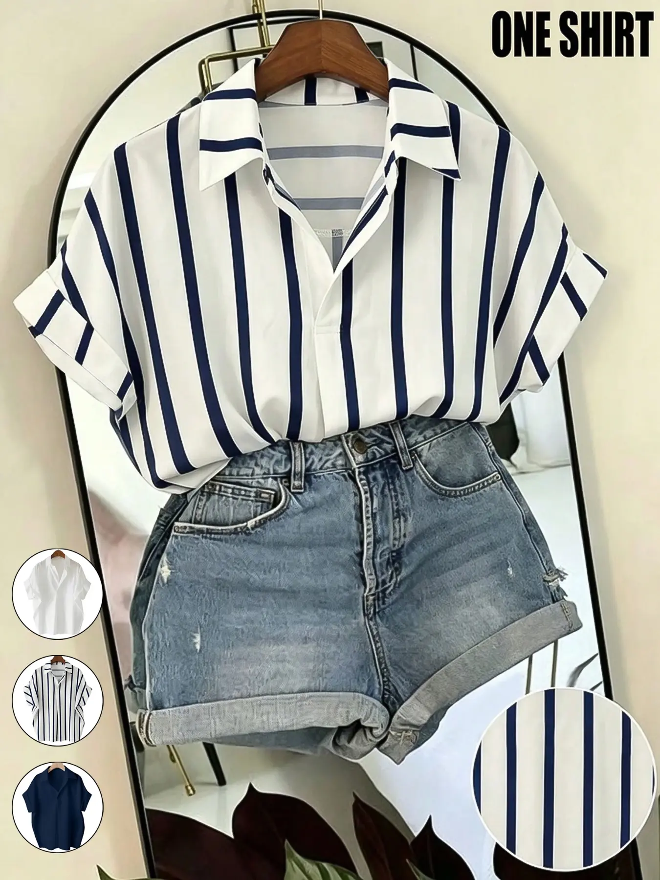 Women's Casual Versatile Striped Batwing Sleeve Loose Shirt,French-Style Summer Short-Sleeved Lapel Top，Comfortable and Stylish Top for Daily Wear, Perfect for All Seasons，Vacation Outing Blouses