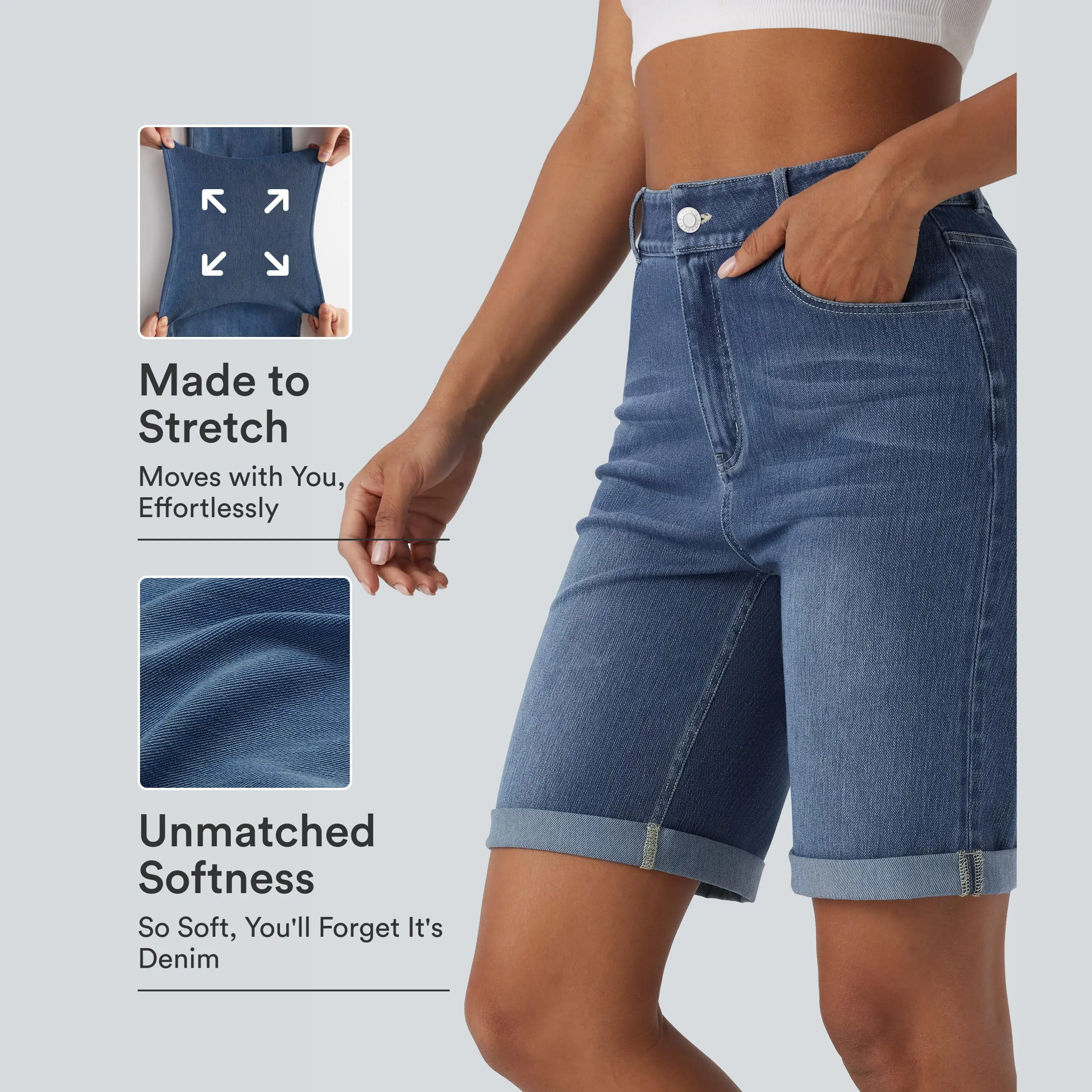 Halara Flex High Waisted Pockets Rolled Hem Washed Denim Casual Bermuda Shorts