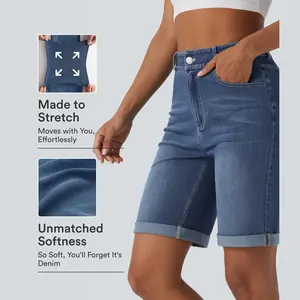 Halara Flex High Waisted Pockets Rolled Hem Washed Denim Casual Bermuda Shorts
