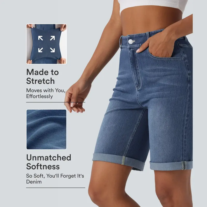 Halara Flex High Waisted Pockets Rolled Hem Washed Denim Casual Bermuda Shorts