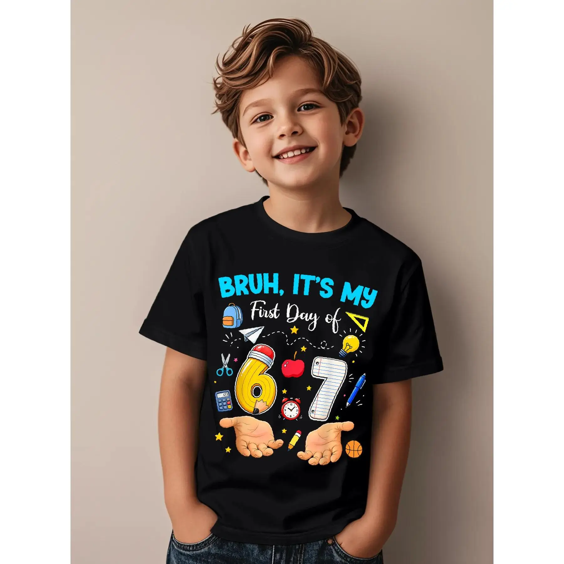 Bruh It's My First Day of 67 Meme Back to School Boys Girls Novelty Aesthetic Graphic Kid T-Shirt Cute Kid T Shirts Trendy Cool Tees Tops for Kid