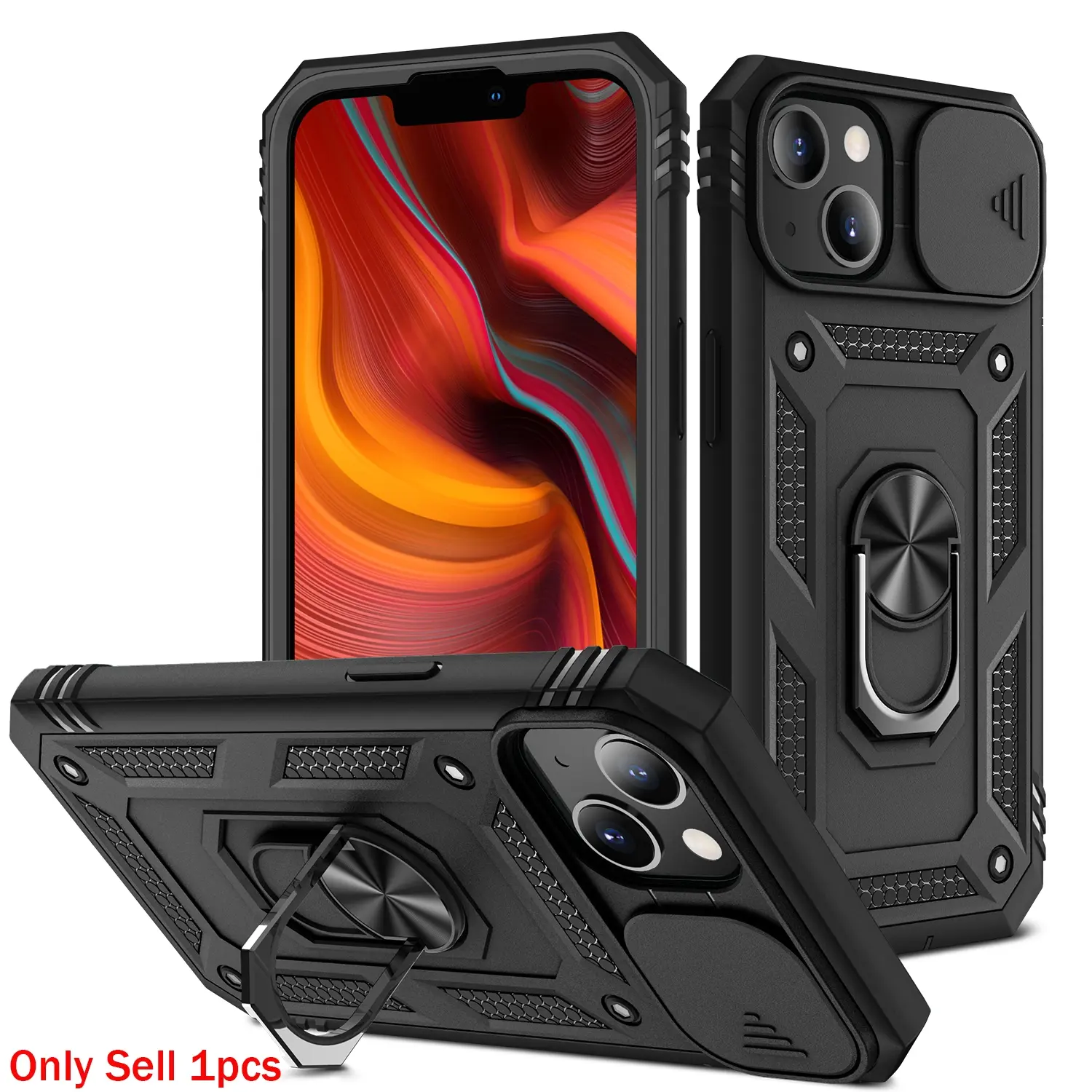 Case for iPhone 13 Mini, Thick Durable Lens Protector, Shockproof Anti-Drop, Rotatable Grip Ring, Three-In-One for iPhone 13 Mini Phone Case, Phone Shell