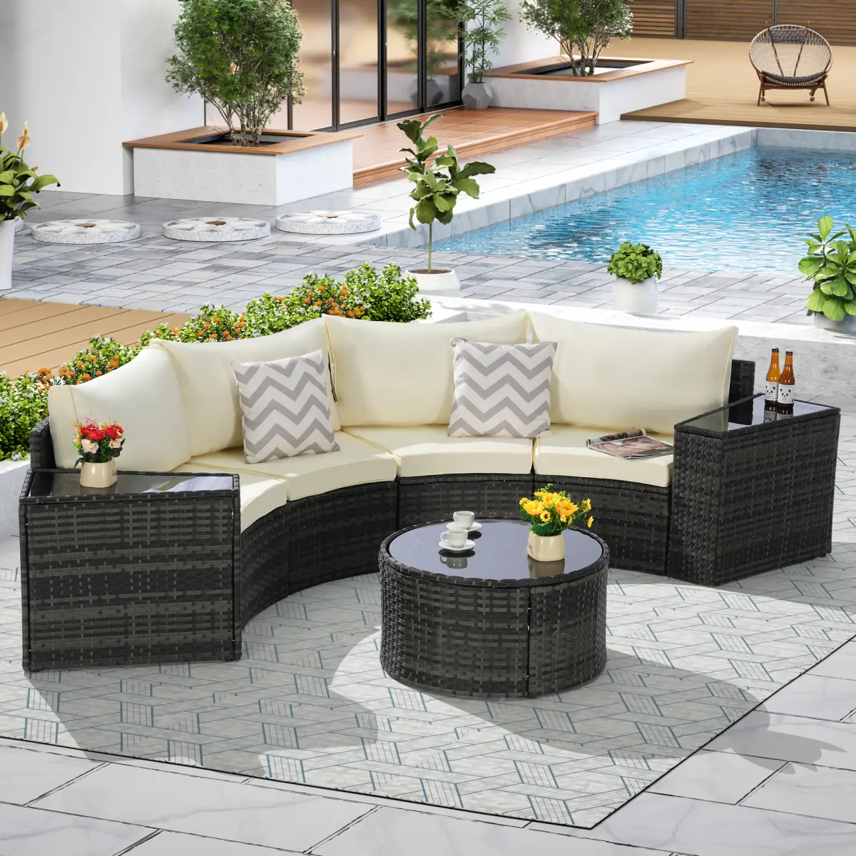 Aobtkel 7-Piece Curved Half-Moon Polyethylene Outdoor Patio Furniture Set, Armless Sectional Sofa with Handwoven Design, Water-Resistant Large Cushions, Multiple Seats & Tempered Glass Round Coffee Table