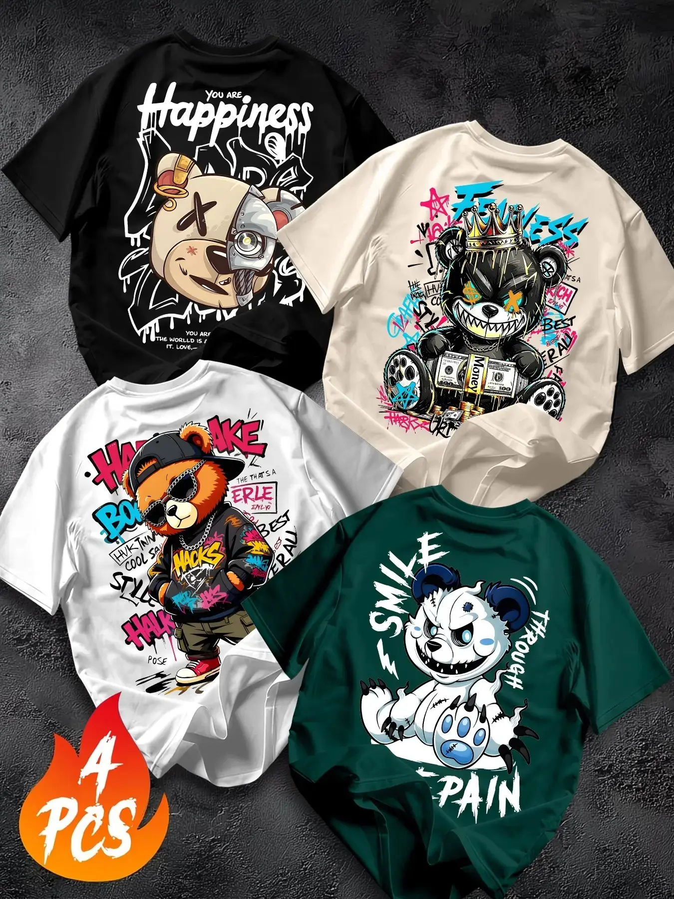 Four-Pack American Street Fashion Graffiti Bear Pattern T-Shirts, Men's Loose-Fit Short Sleeve T-Shirts, Streetwear, Casual, Multiple Colors, Versatile Top
