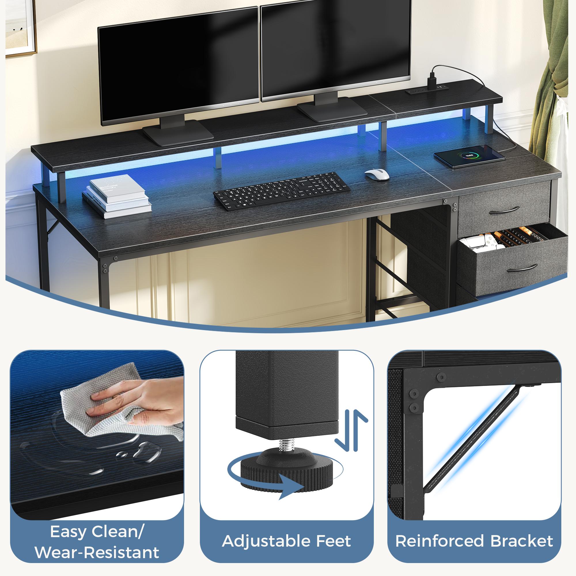 Gaming Desk with LED Lights USB Type C Charging Station, Computer Desk with 4 Drawers Monitor Stand Storage for Home Office