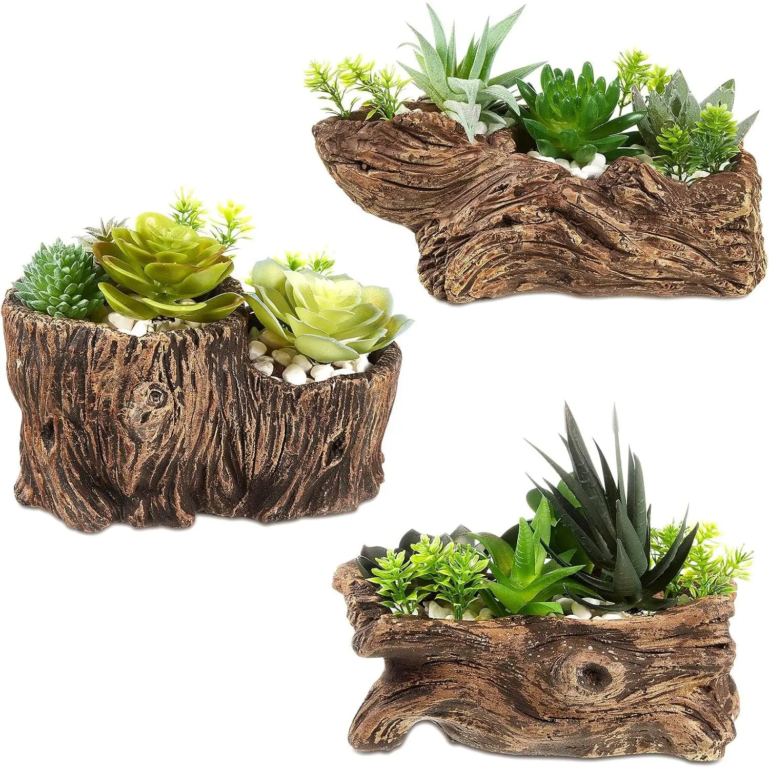 3 count Driftwood Stump Log Concrete Planter Driftwood Planter Succulent Pot  Pot for  for Outdoor Indoor  Patio Garden Decoration (Classic)