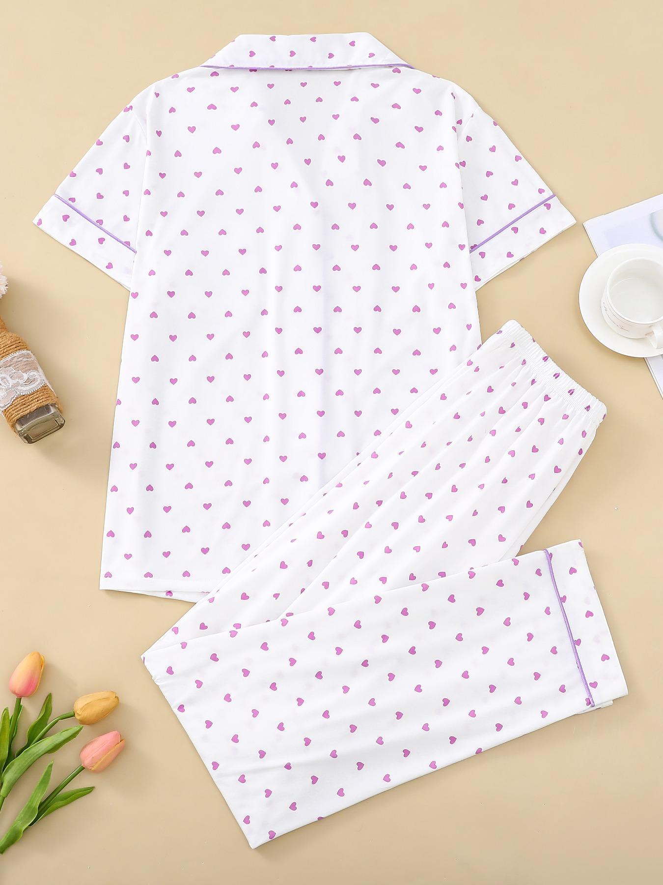 2 Pieces Women's Heart Print Pocket Button Front Shirt & Elastic Waist Pants Pyjama Set, Casual Short Sleeve Lapel Top & Trousers, Valentine's Day Gift, Women's Sleepwear for Summer