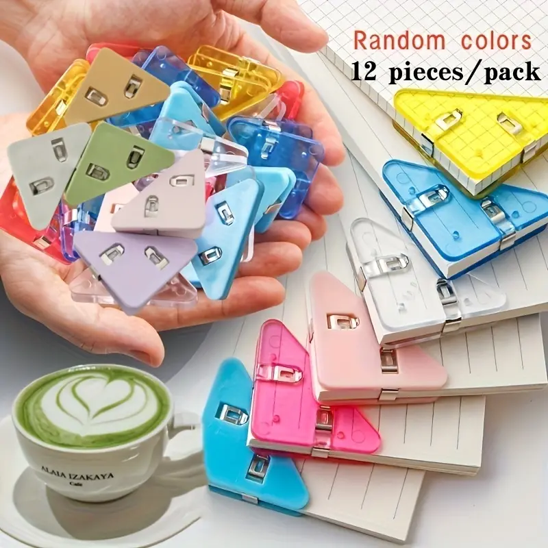 12-pack, random colors, creative multi-functional triangle clip, learning paper and document storage clip, anti-bending triangle clip, suitable for books, note clips, bill clips. Multi-purpose, suitable for office, study, and home use
