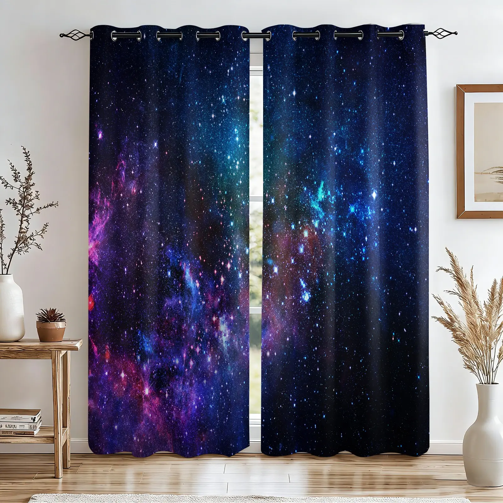 2 Panels Deep Blue Star Galaxy Curtains, Vivid Multicolor Nebula Galaxy Printed Curtains, Stylish Blackout Darkening Curtains, Cool Space for Kids Boys Teens Adults Living Room, Bedroom