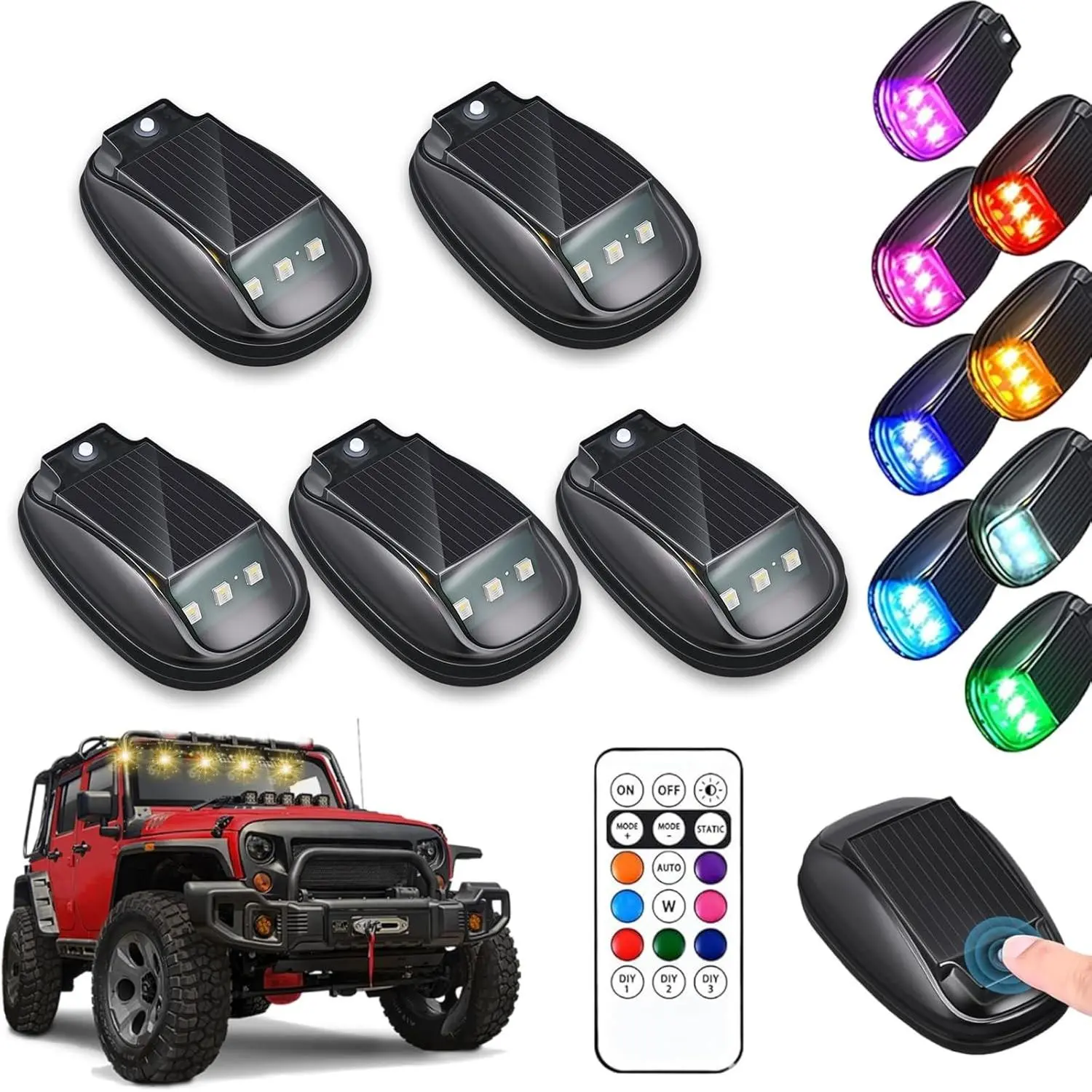 Solar RGB LED Cab Roof Marker Lights, 5 Pack Wireless Remote Control Truck Roof Running Lights, Vibration Sensor Auto On, Constant Light Mode, IP67 Waterproof Self-Adhesive Offroad SUV Pickup Jeep Top Decor Lamp