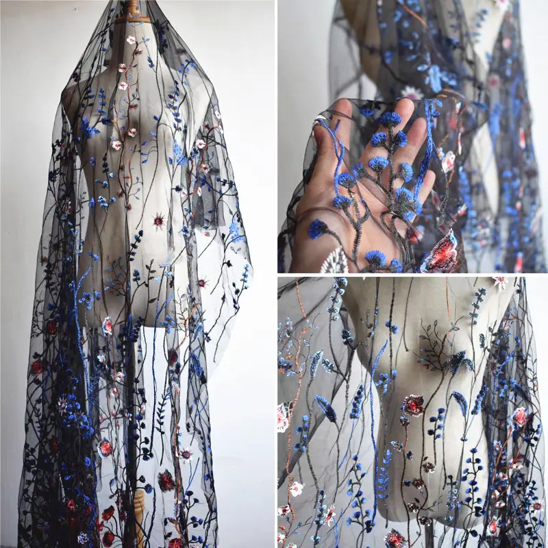 1PC royal blue Floral Embellished Mesh Fabric, Retro Multi-Color Wild Flower & Vine Embroidery Sheer Net, Multi-Purpose Craft Cloth For Witch Costume, Prom Outfit, Art Wedding Decor & Handmade Fashion Projects