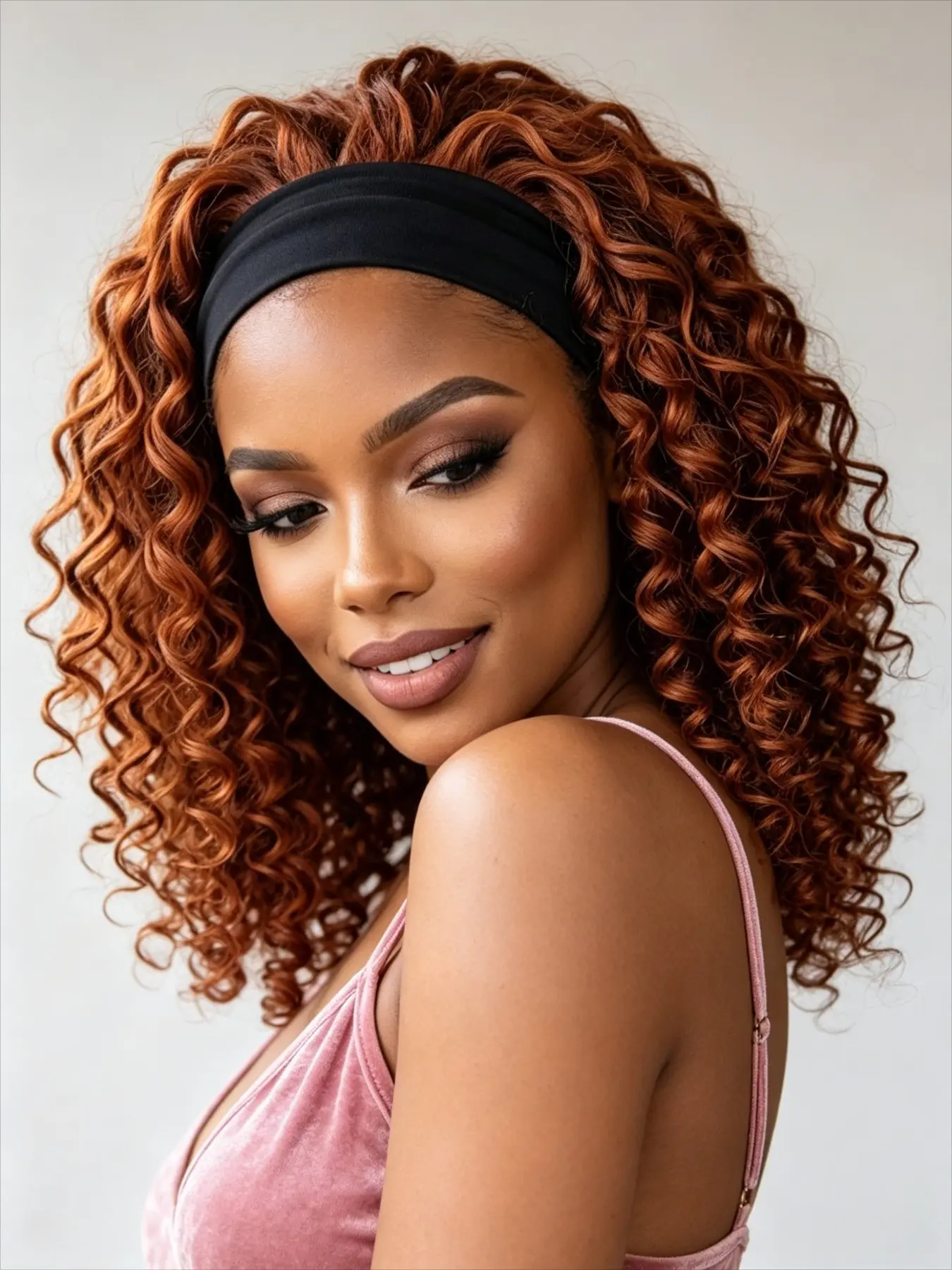Warm Streaked Brown 14 Inch Dense Deep Curly Bob Scarf Hair Wig, Wear-and-Go Glueless Lace-Free Hair Unit, Smooth Synthetic Curls Pre-Mounted With Elastic Head Wrap, Great for Daily Routine, Brunch Meetups and Small Evening Celebration Occasions