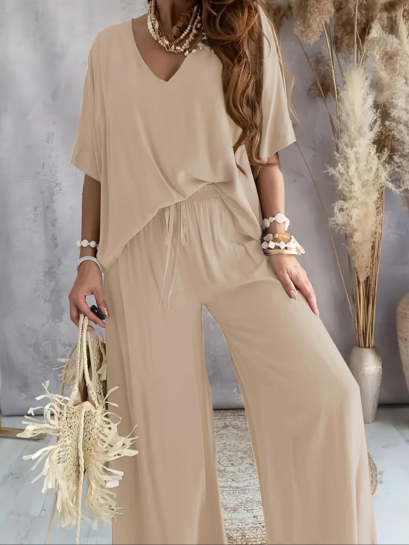 Women's Solid V Neck Tee & Wide Leg Pants Loungewear Two-Piece Set, Casual Comfy Short Sleeve T-Shirt & Trousers PJ Set, Ladies Sleepwear for Summer, Pajamas Set