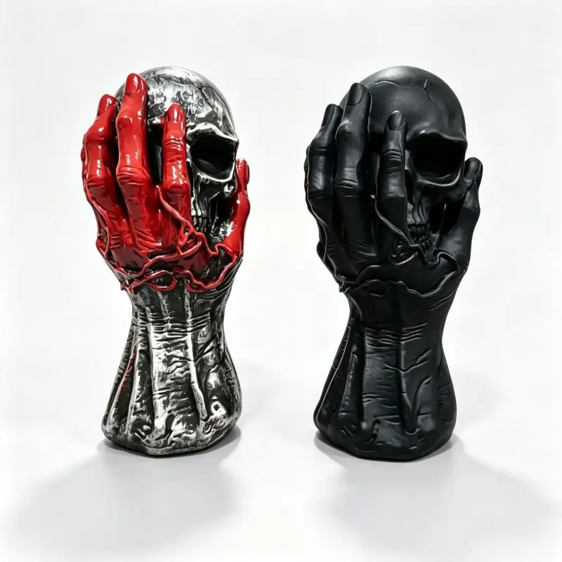 1Pc Halloween Skull Statue Creepy Monster Hand Figurine Gothic Spooky Dark Academia Horror Aesthetic Red Claw Clutching Silver Skull Matte Black Vinyl PVC Desktop Ornament Home Desk Decor