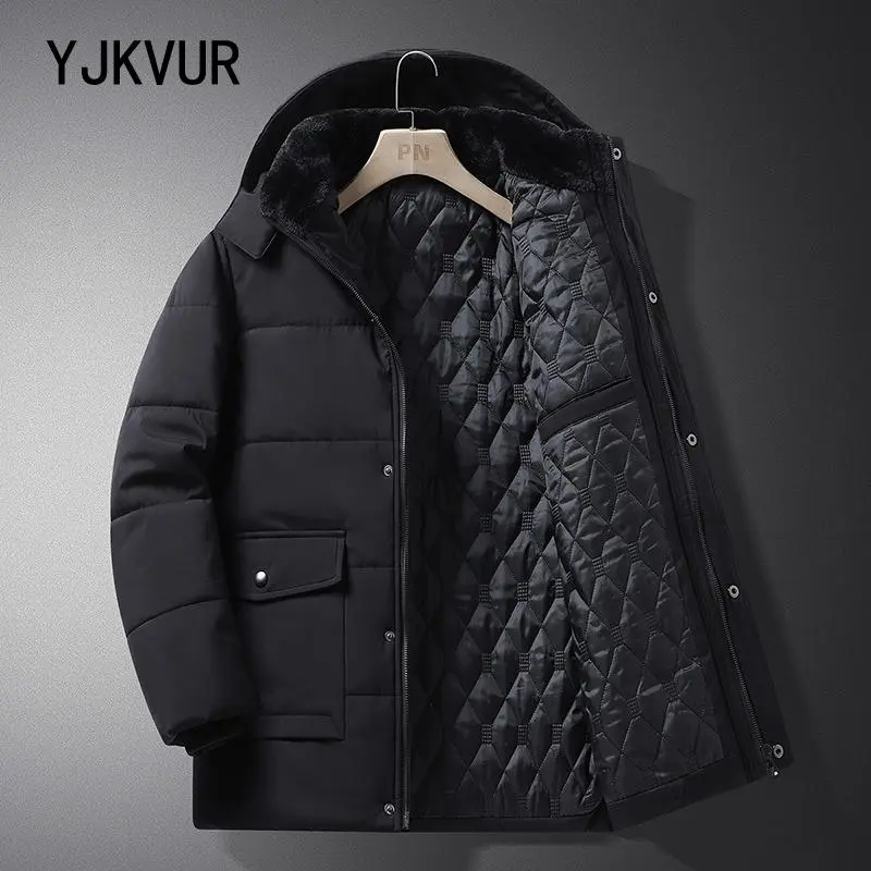 Asian Menswear Men's Thick Fleece-Lined Military Parka Jacket - Waterproof Hooded Winter Windbreaker, Plus-Size Warm Long-Sleeve Clothes