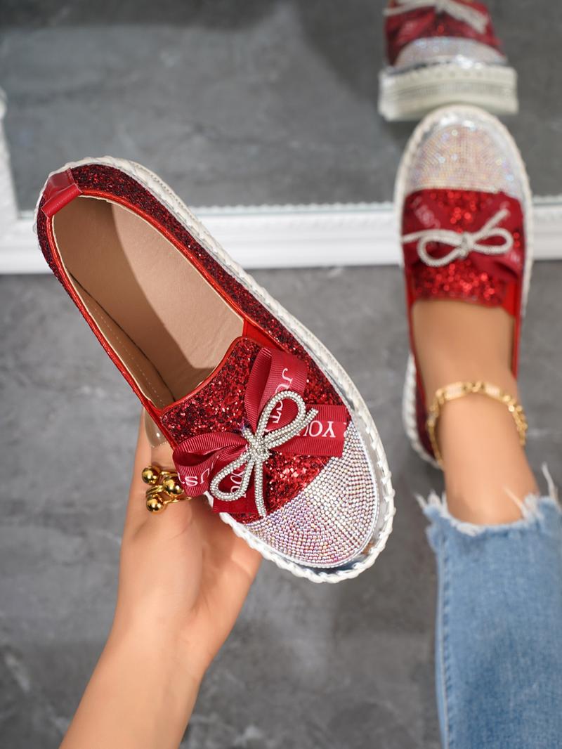 Women's Rhinestone Bow Decorated Slip on Loafers, Fashionable Glitter Design Loafers for Daily Wear, Casual Comfortable Shoes for Women & Girls