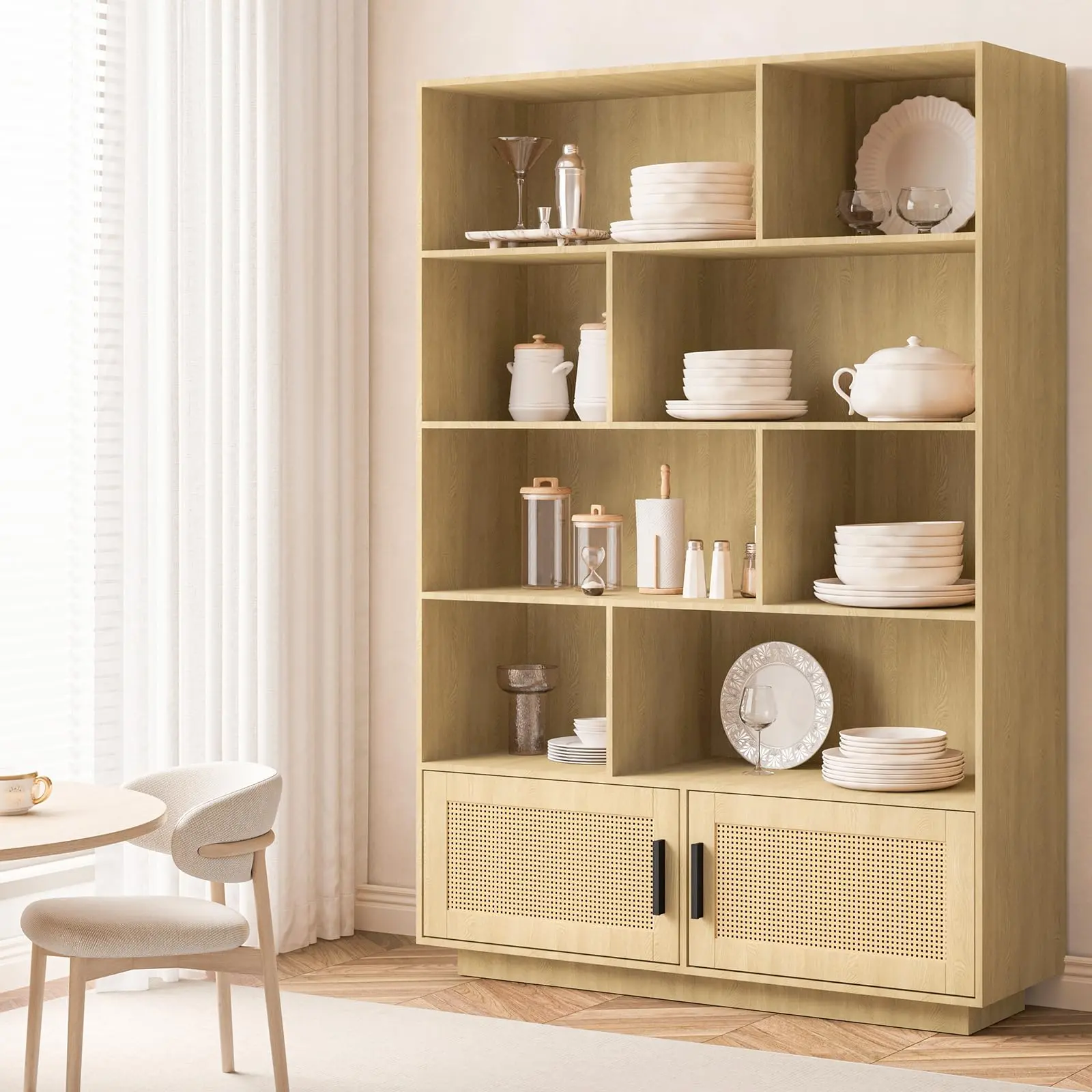 Spacious Storage & Boho Design – 5-Tier Tall Bookshelf with Rattan Doors – Wooden Bookcase for Office, Living Room, Bedroom & Kitchen