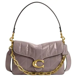 COACH ChainTabby 26 Quilted Crossbody Bag for Women with Detachable Strap, Metallic Logo, Ash Gray Leather