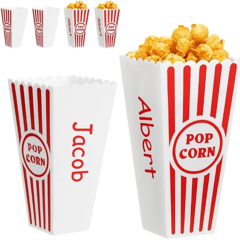 6 Pack Plastic Popcorn Containers Red White Striped Classic Popcorn Buckets Reusable with UV Letter Sticker Plastic Boxes for Movie Night 3.8" X 7.8"