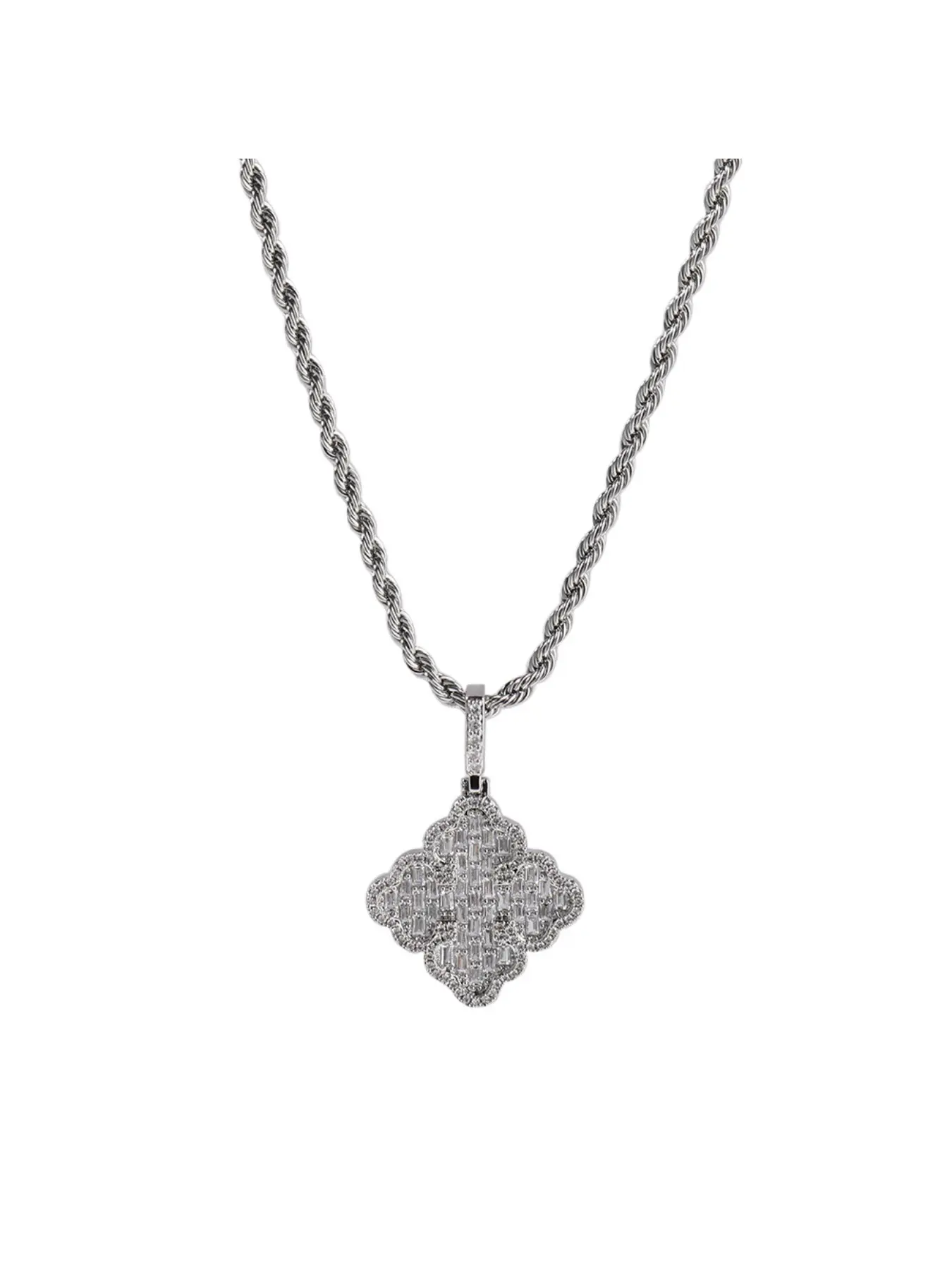 Full Paved CZ Four Leaf Clover Necklace, Sparkling Quatrefoil Charm Pendant Trendy INS Style Daily Wear Necklaces