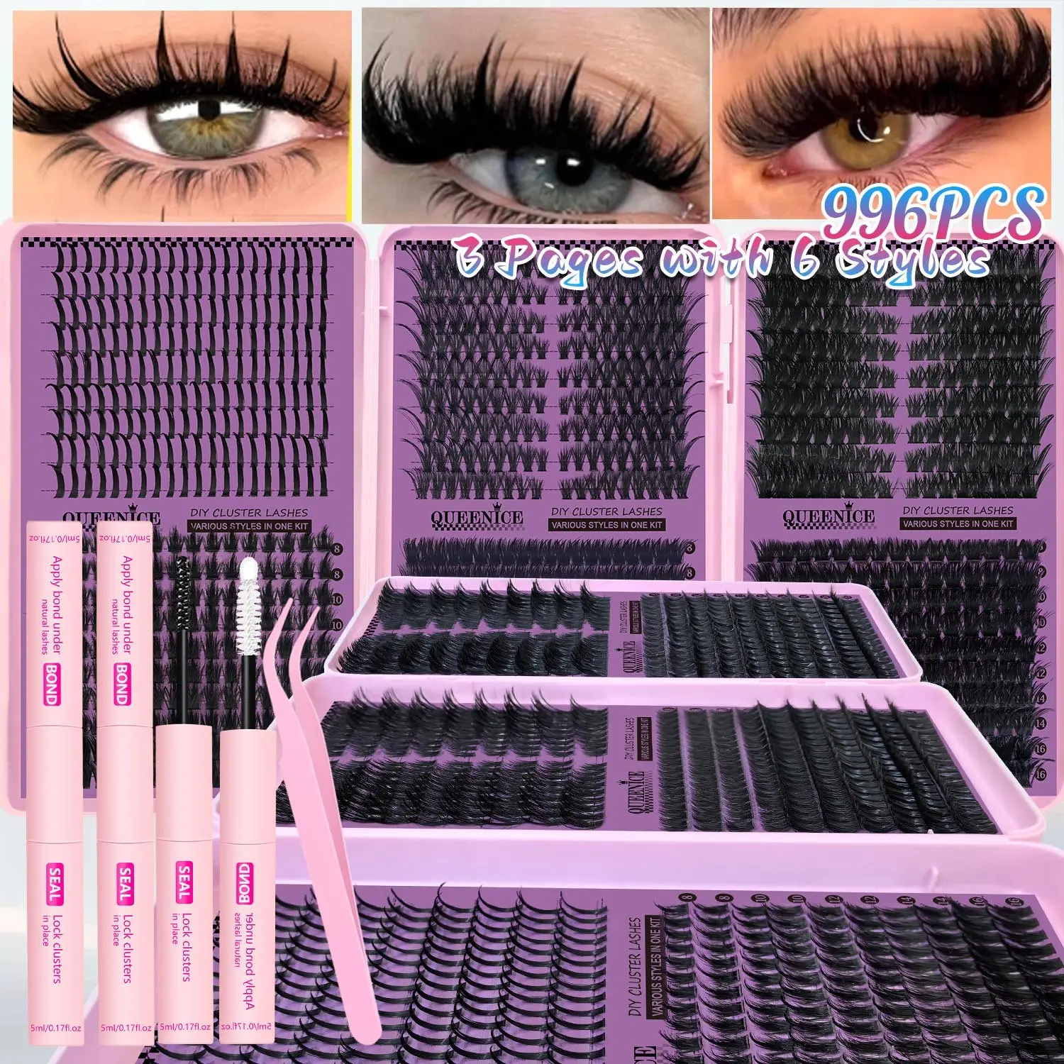 New Level DIY Eyelash Extension Kit 3-Fold Super High Capacity Cluster Lashes, Luxurious Fake Eyelashes, with Lash Glue and Tweezers, Spiky, Cat Eye, Thick & Volume Cluster Extensions D Curl, Women Cosmetic Eye Makeup
