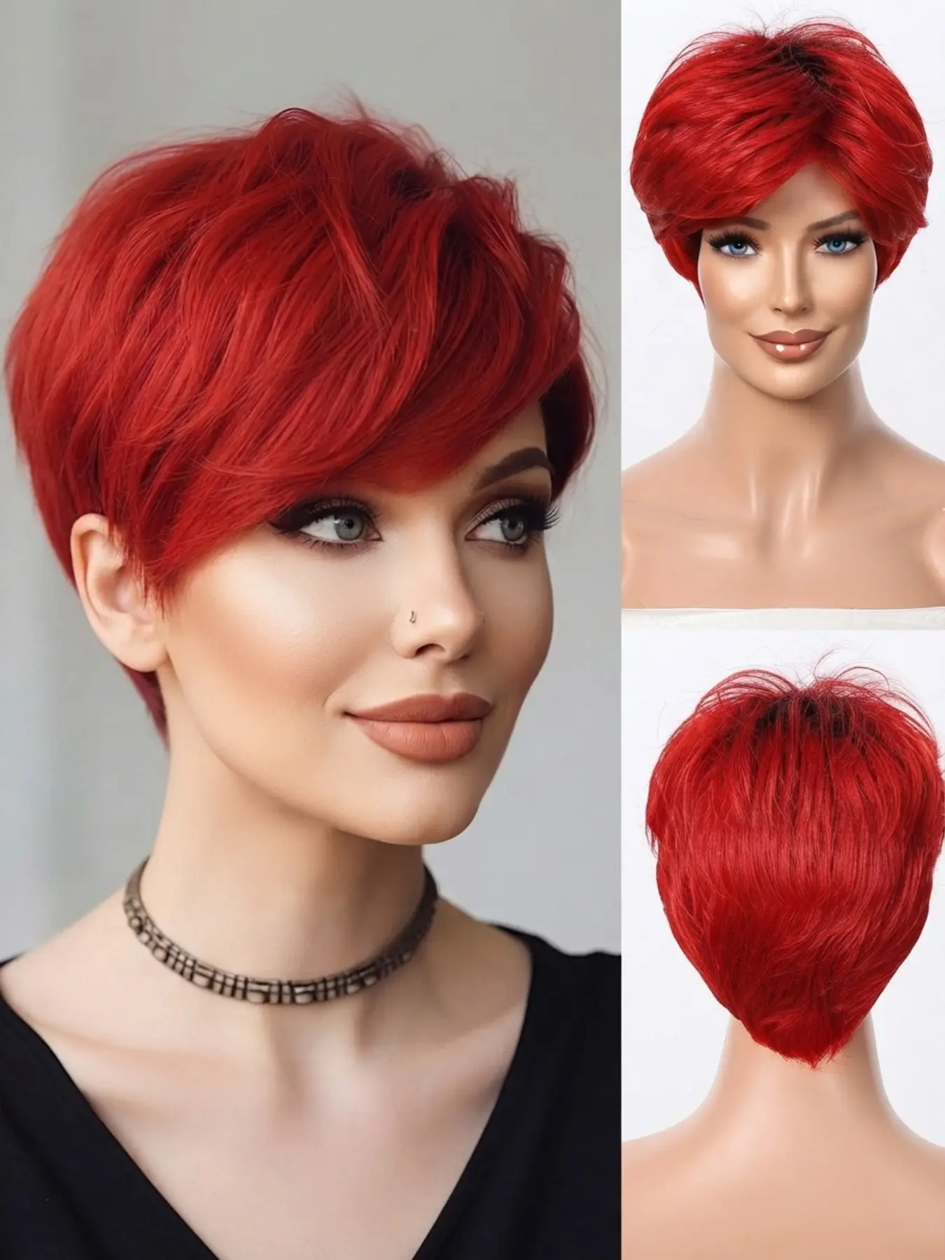 Short Bright Red Pixie Cut Synthetic Wig with Side Bangs for Women, Short Pixie Wigs - 10 Inch Layered Heat Resistant Pixie Wig - Natural Looking Sleek Soft Fiber Wig for Daily Party Cosplay Anime Halloween Costume Dress Up