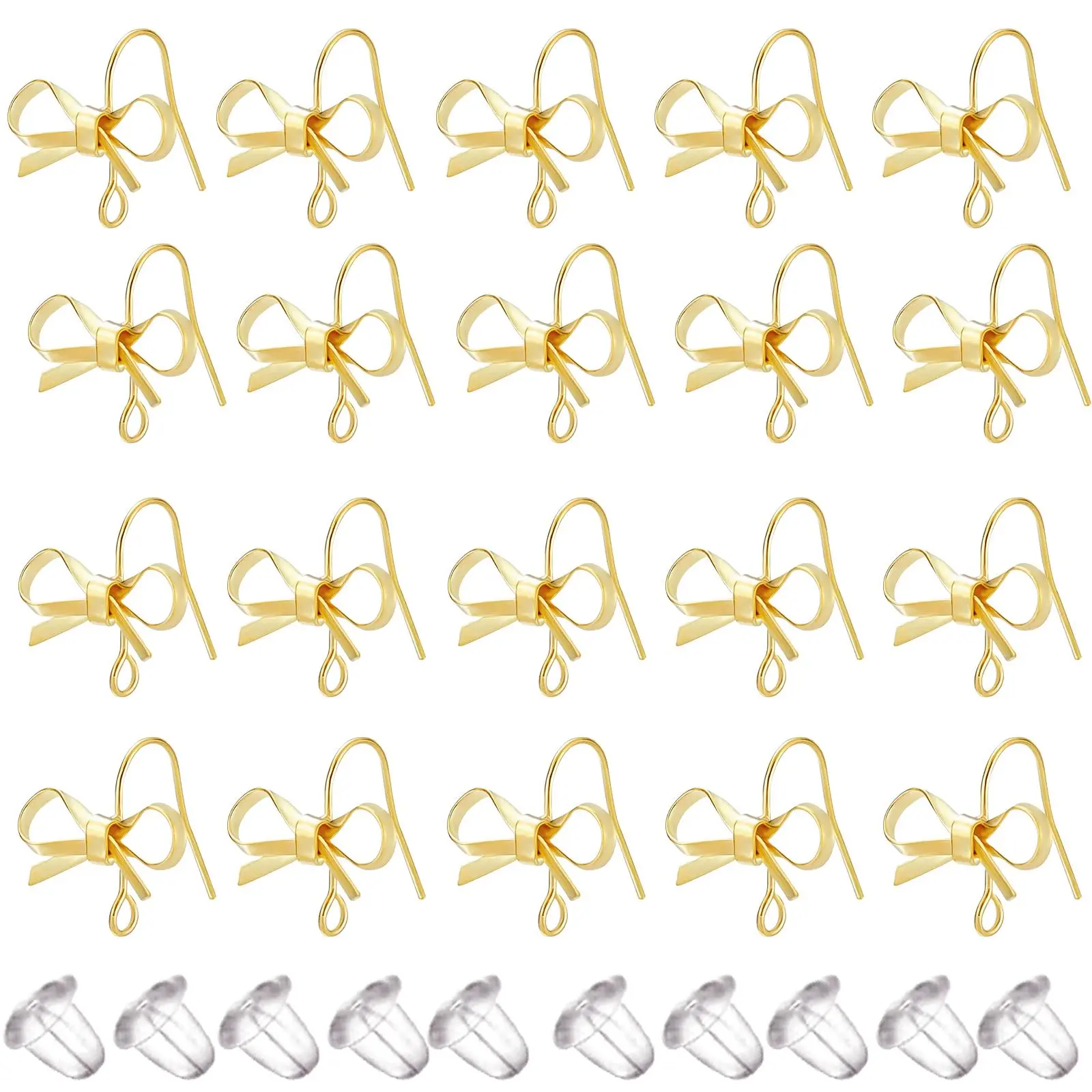 1 Box of 20pcs Bowknot Earring Hooks with Hole 14K Golden Plated Alloy Bow Dangle Earrings Findings and 20pcs Clear Earring Safety Backs for Women DIY Crafts Jewelry Making Supplies