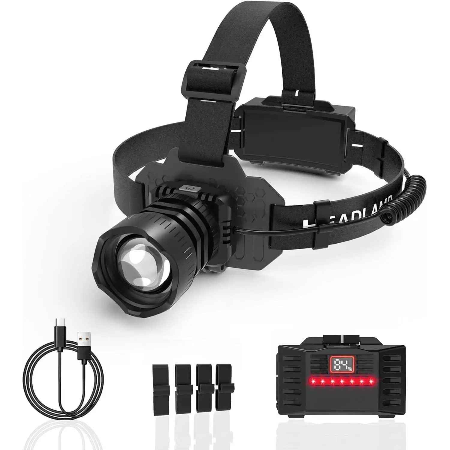 LED Outdoor Hard Hat Headlamp for Hikers, Zoomable Motion Sensor, 4000 Lumens, 3 Modes, IP65 Waterproof, 90° Adjustable, Red Tail Light