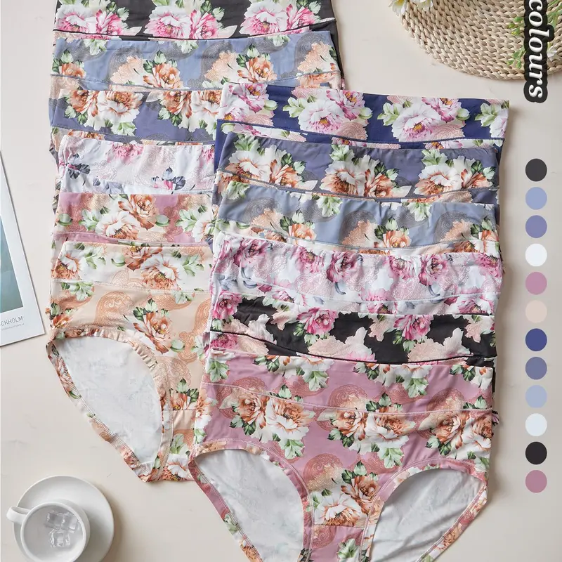 【Plus Size】Patchwork Floral Print High Waist Knicker, Soft Comfy Breathable Panty for Daily Wear, Women's Underwear for All Seasons, High Waisted Panties, High Rise Panties, Fashion Comfy Underwear