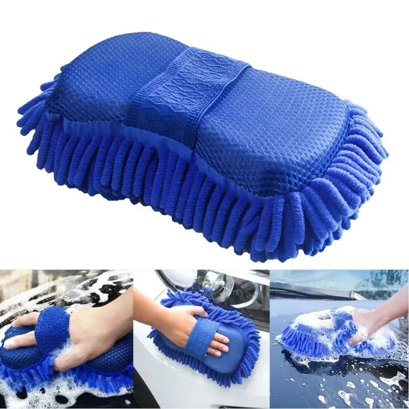 1/2Pcs Blue Microfiber Chenille Auto Cleaning Kit, Car Wash Sponge Pad Washing Glove Towel, Essential Auto Detailing Accessories