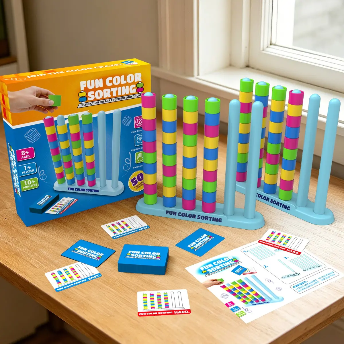 Color Stacking Challenge Game, Fun Party and Family Night Game, Includes 2 Stacks, 50 Challenge Cards, 40 Colorful Rings, Instructions Included