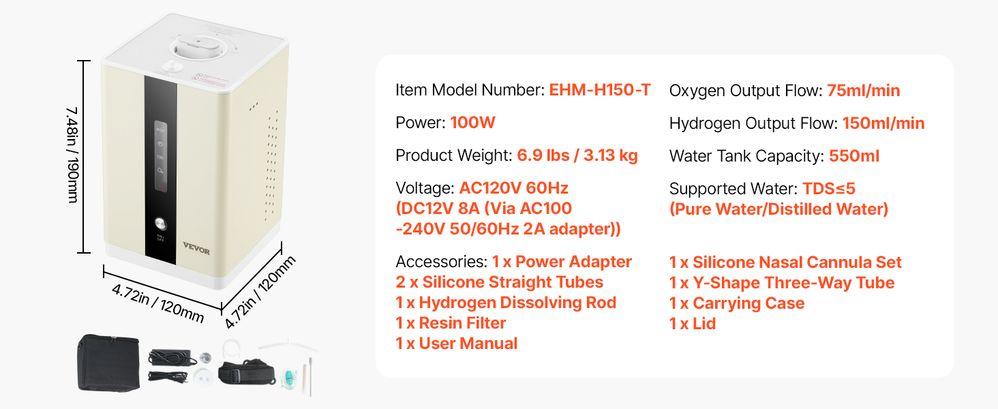 VEVOR Hydrogen Inhalation Machine, 99.99% High Purity Hydrogen Inhaler, HO-Separated 225ml/min (150 H+75 O) Dual Port Hydrogen Oxygen Inhaler, Hydrogen-Rich Water Generator for Home Travel
