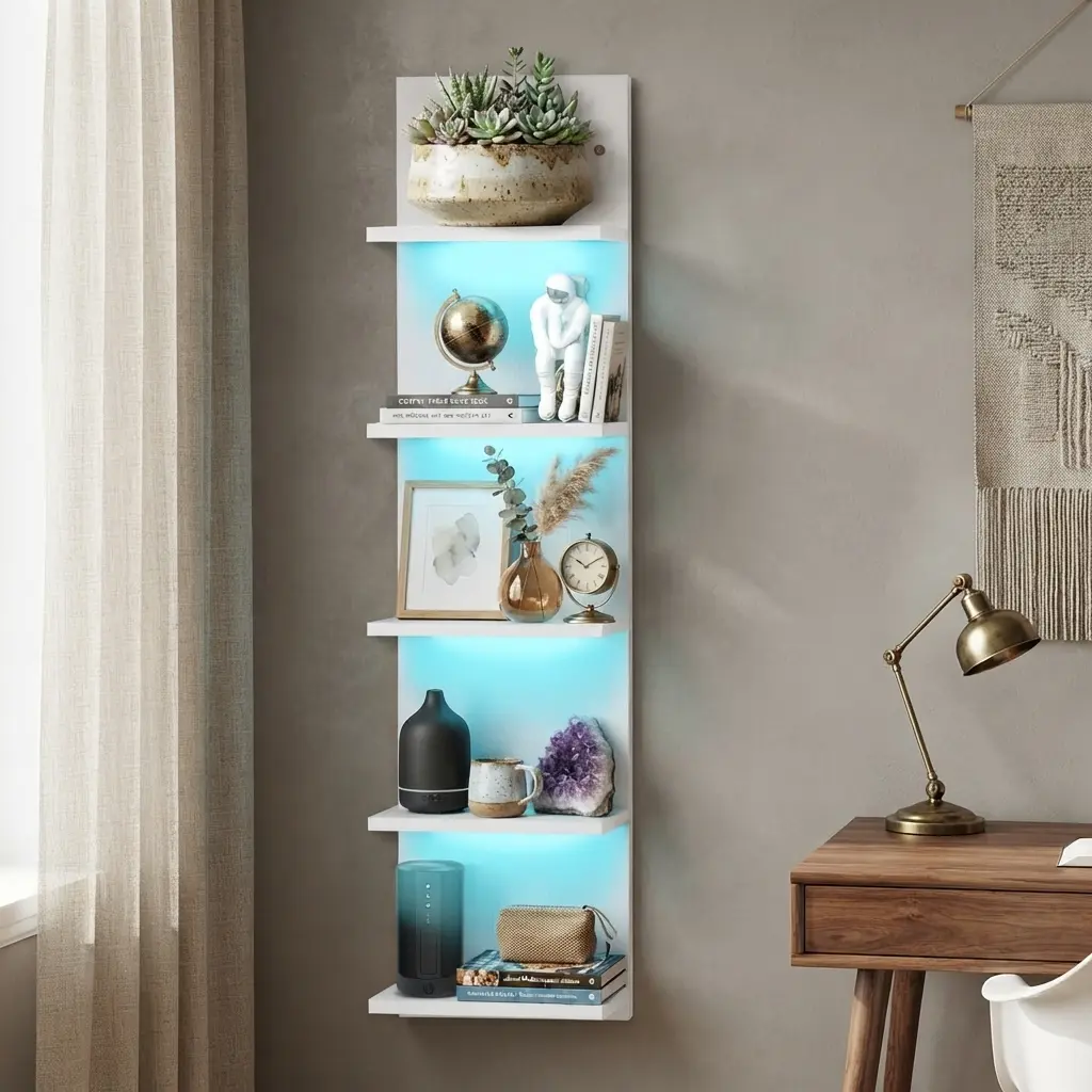 White 5 Tier Display Shelf Case with Lights LED Wall Mount Vertical Lack Shelf Wall Decor RGB Lighting for Bedroom Living Room Gaming Floating Shelves