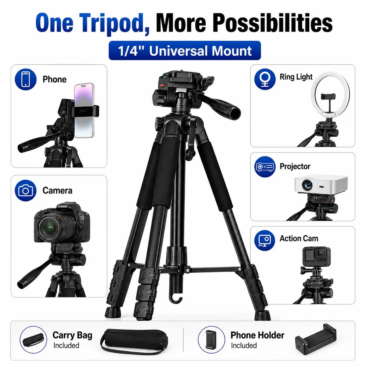 60in Camera Tripod Stand with Phone Holder, Iron Tripod for Video Recording, Photo Shooting, Vlog, Live Stream, Durable & Stable