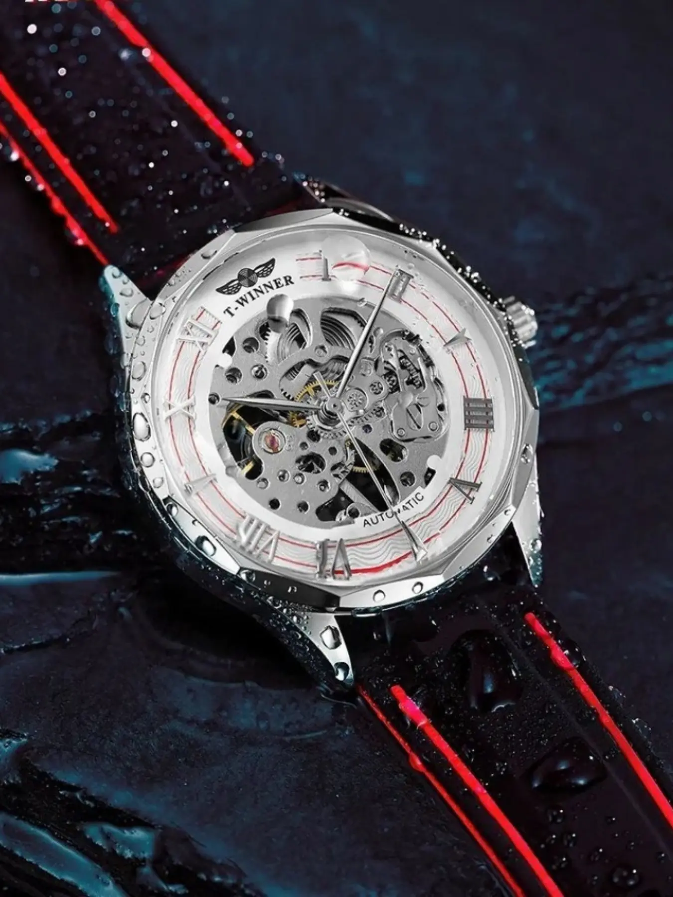 Trendy Men's Hollow Mechanical Watch, Waterproof Roman Numerals, Colorblock Silicone Strap, Manual Winding, Business Casual, Gift Idea
