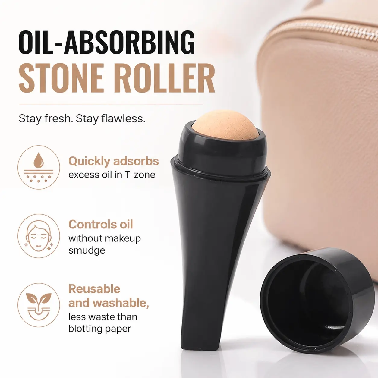 Portable Washable Oil Absorbing Face Roller, Volcanic Stone T-Zone Blotting Tool, Anti-Slip Grip & Efficient Oil Control Roller System, Rounded Hygienic Edges, Reusable Travel Skincare Assistant for Face Oil Management, Facial Care Tools, Beauty Tool
