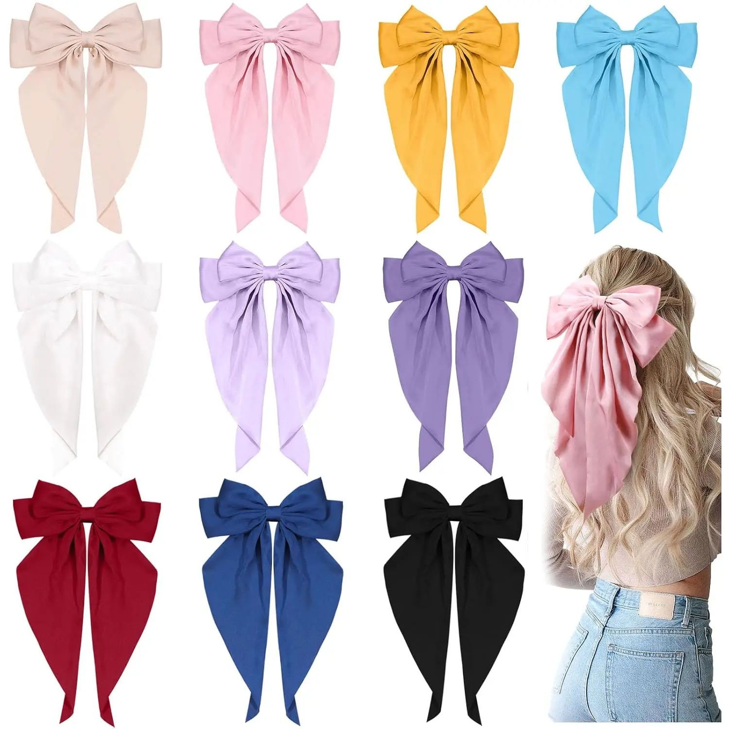 10 count Large Hair Ribbon Barrettes with Long Tails for Women & Girls,    Hair Accessories - Bow Clips in 10 Colors (Set A)
