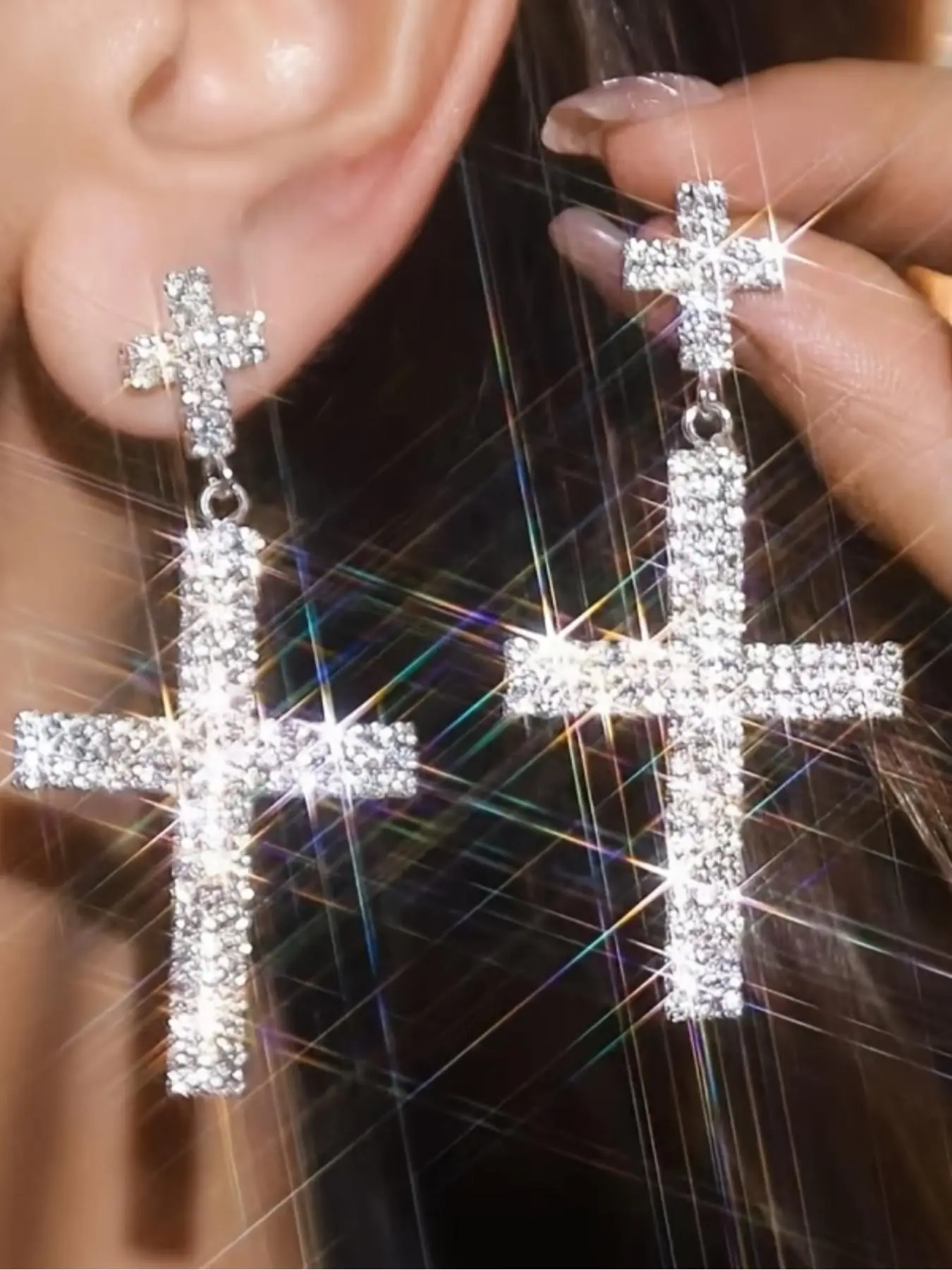 1 pair of sparkling rhinestone cross long earrings, women's luxurious party themed earrings, gorgeous dinner dresses paired with earrings