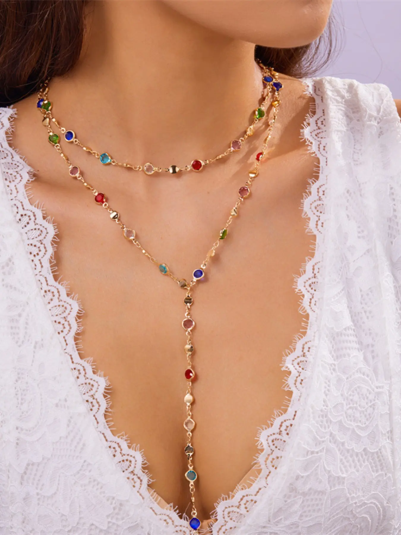 Double Layer Rainbow Crystal Y Lariat Shining Necklace for Women, Gold Plated Multi Color Rhinestone Beaded Long Drop Pendant Necklace, Elegant Boho Dress Layering Jewelry