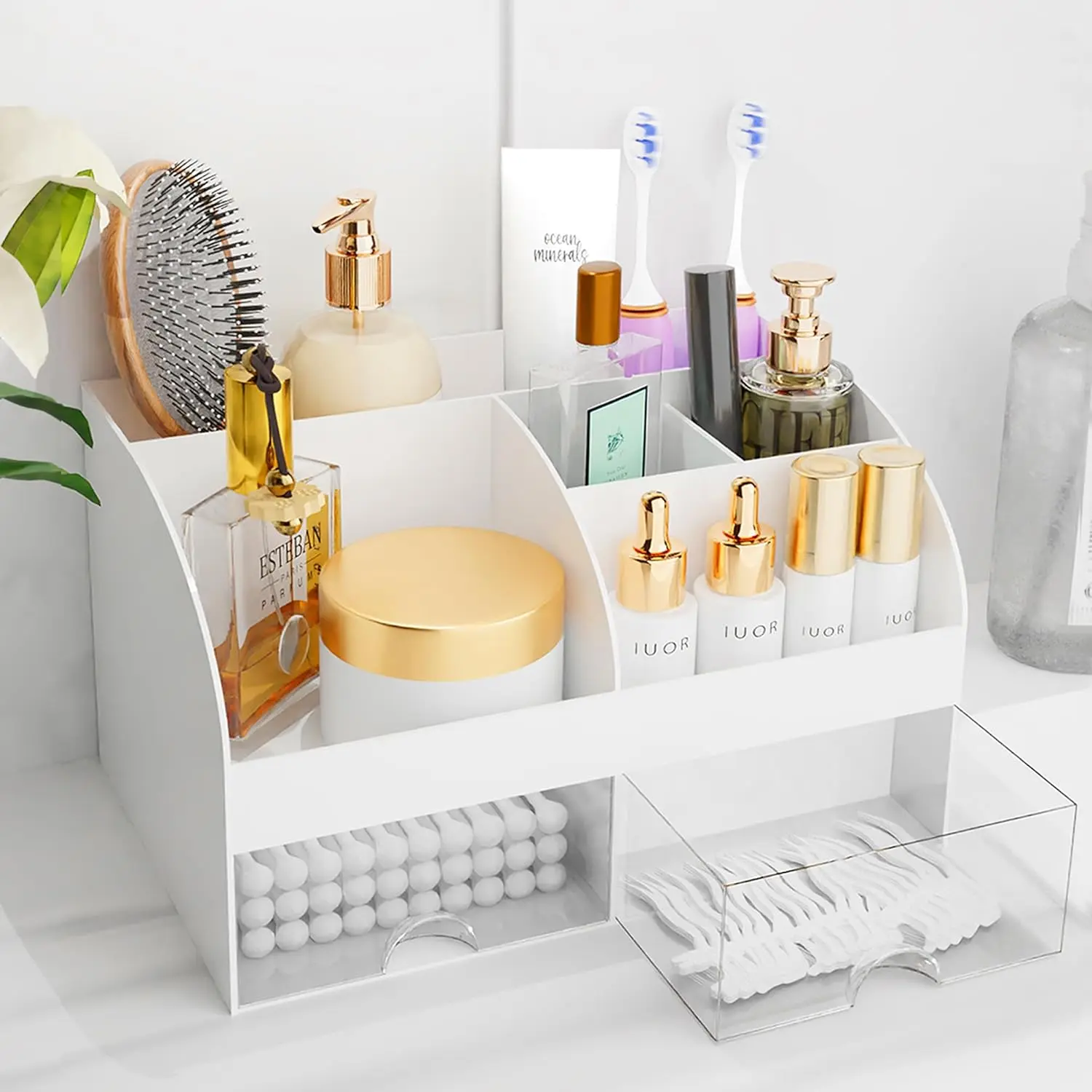 White Multi-Compartment Rectangle Cosmetic Organizer Box - Tabletop Countertop Bathroom Dresser Vanity Holder for Lipstick, Brush, Skincare Items