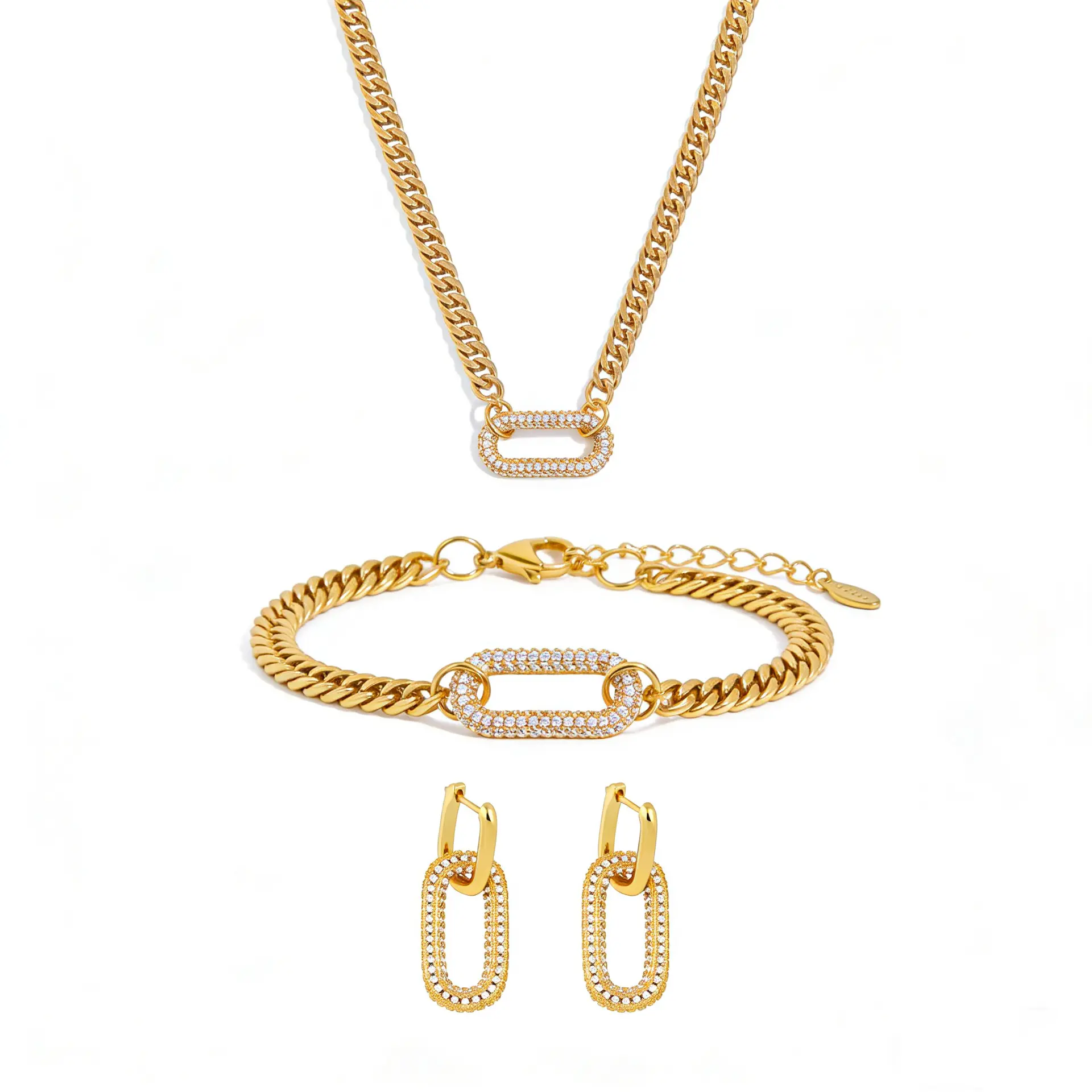 Women's Funky Unique Accessories Geometric Zircon 3-Piece Costume Jewelry Set - Micro-Inlaid Copper Choker with Oval Pendant, Matching Bracelet, Earrings
