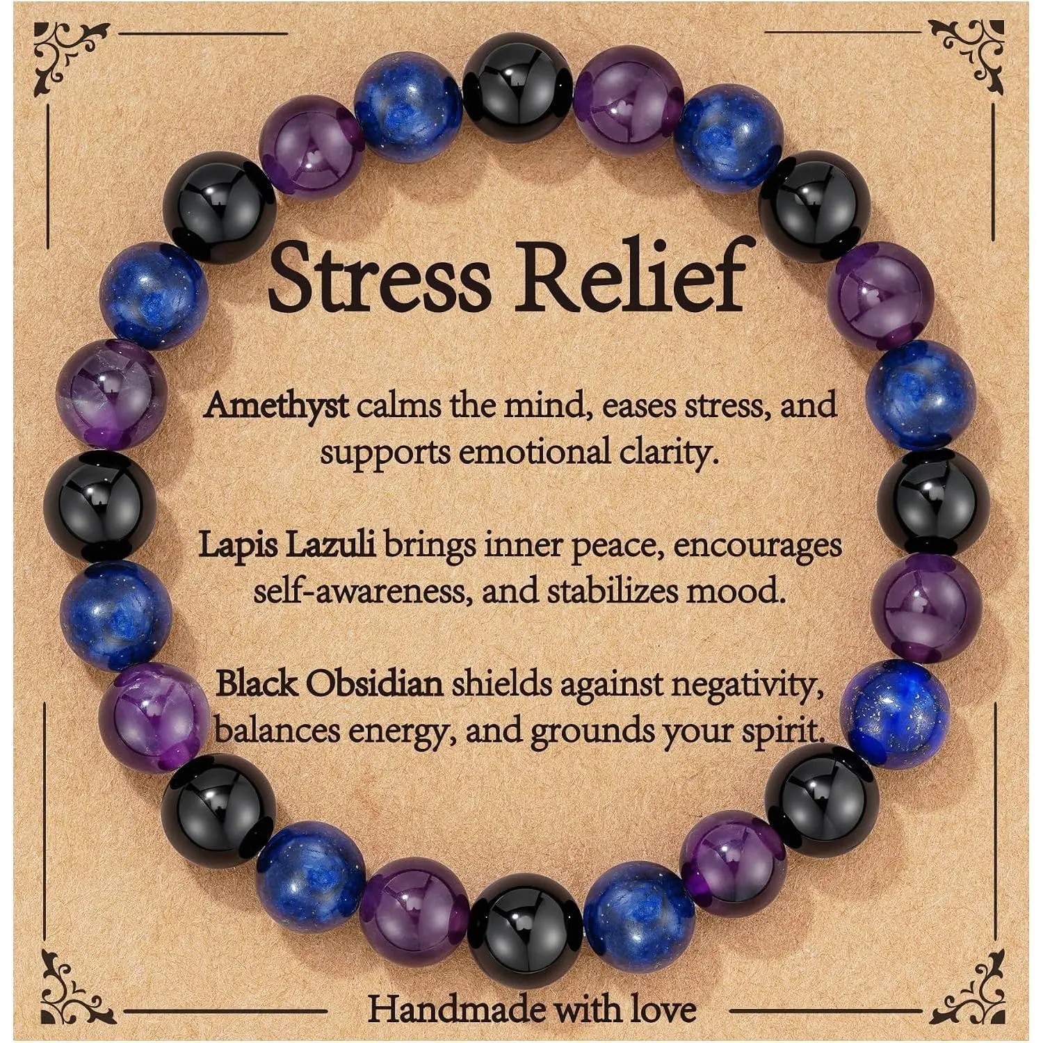 Healing Crystal Beaded Bracelet Jewelry Gifts for Women| Natural Stone, Empath Protection, Stress Relief, Good Luck Symbol, New Beginnings, Triple Protection, Birthday Present