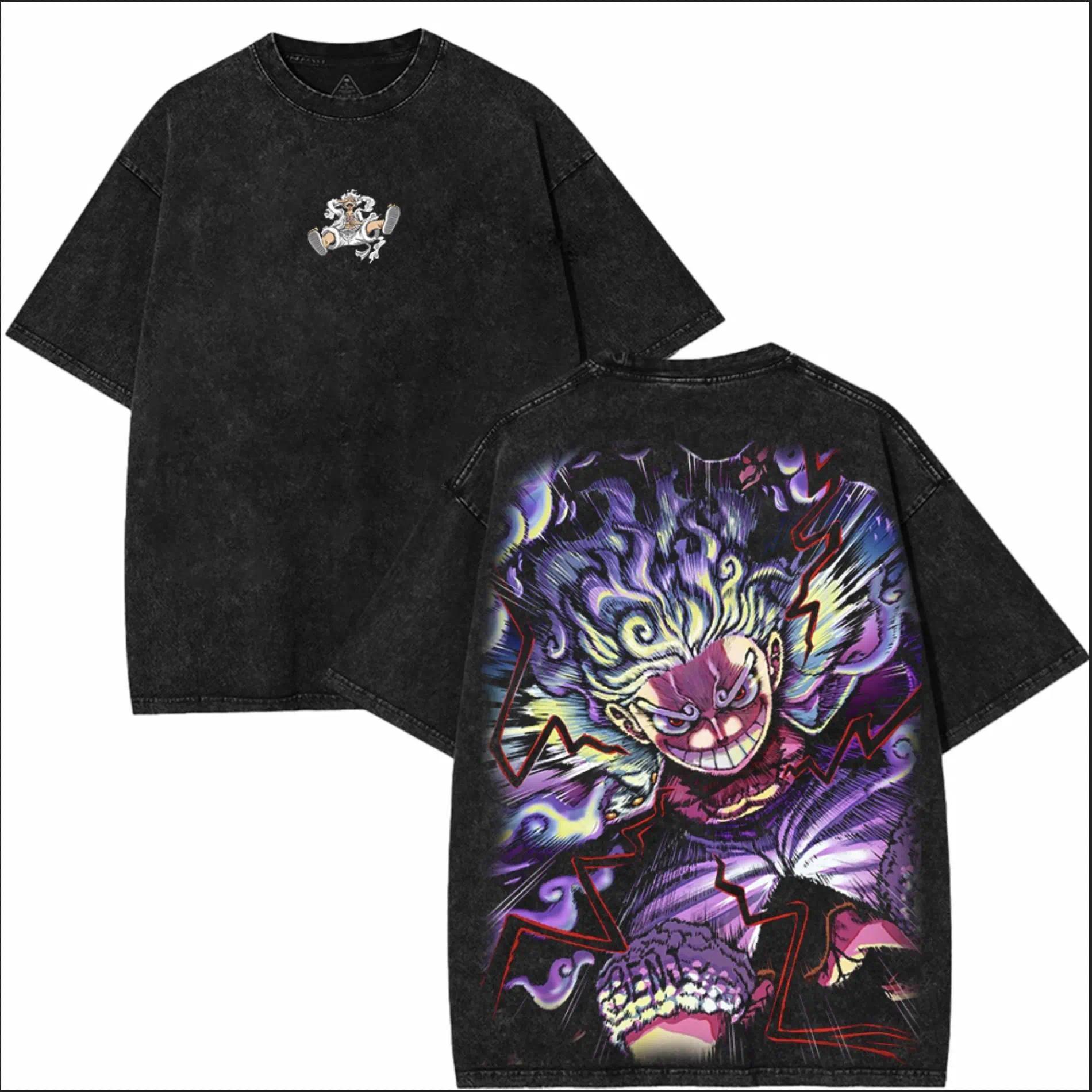 Lufi JoiBoy One Pice RetroVintage Unisex Anime Manga Acid Washed Lightweight Cotton Tshirt Gift For Anime Fan Tees Vintage Shirts T-shirt Men's Graphic Round Neck Fabric Menswear Top Oversized Black Casual Crewneck Summer Piece Devil Fruit