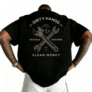 "Dirty Hands, Clean Money" wrench graphic t-shirt, workwear-style graphic print t-shirt, comfortable fabric short-sleeved top. Round Neck Streetwear