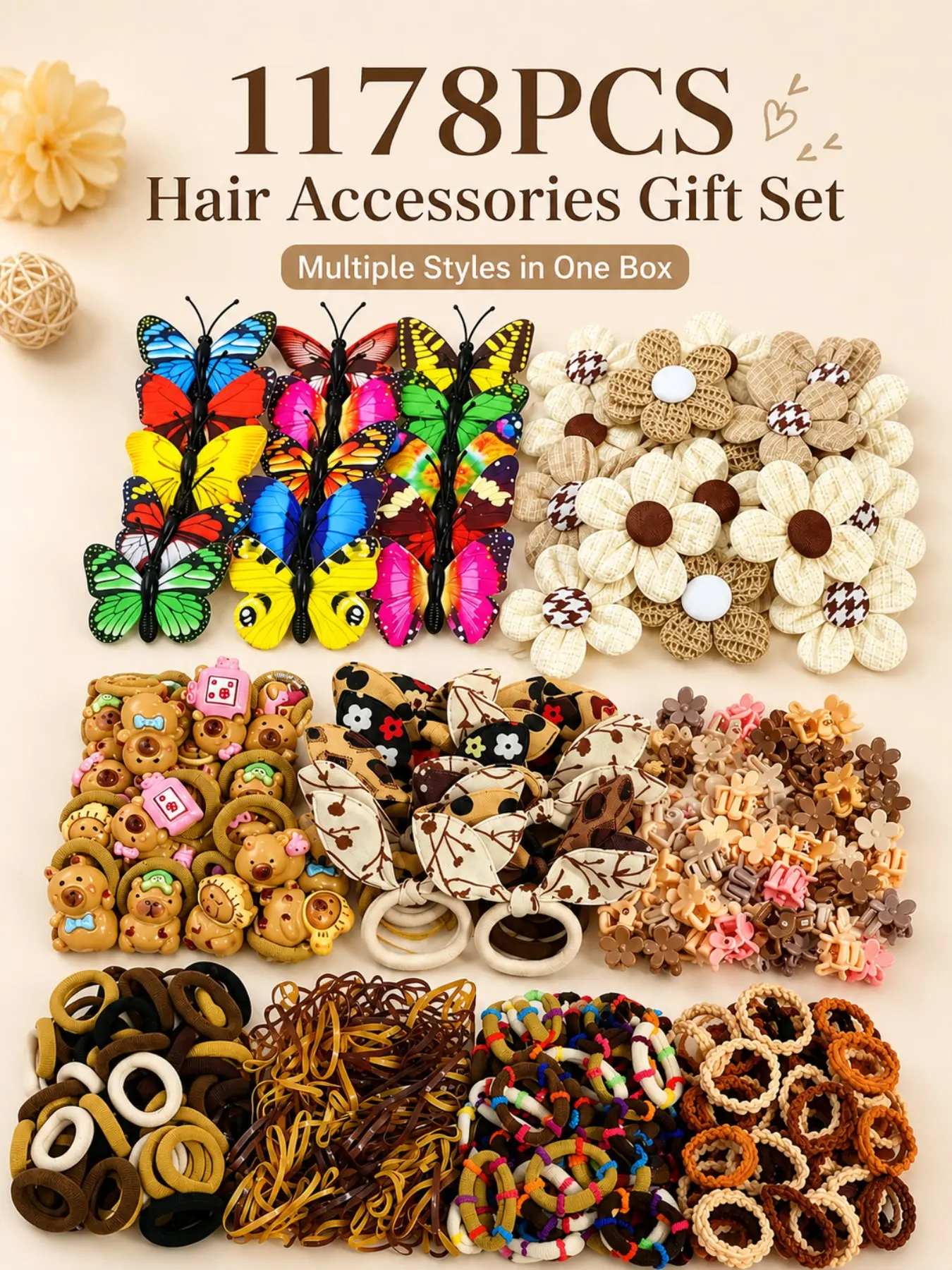 1178 Piece Hair Accessory Gift Set, Elastic Bands, Butterfly Clips, Flower Clips, Bowls, Claw Clips, Ponytail Holders, Daily Styling