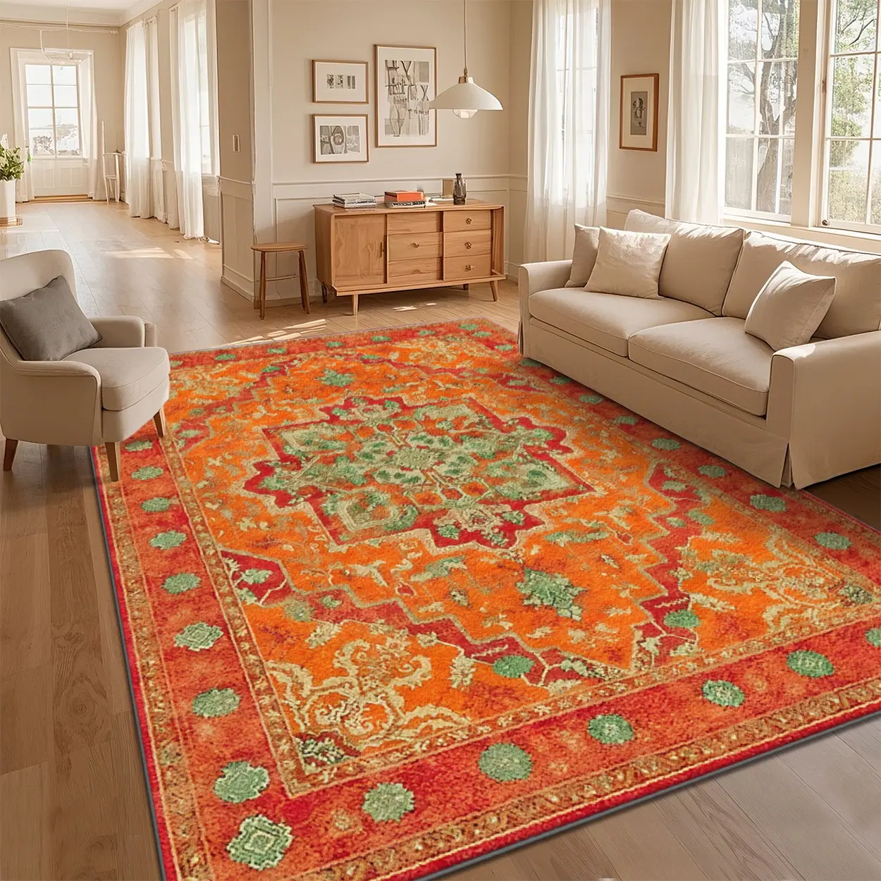 Vintage Retro Persian Boho Rug - 3x5ft Washable Non-Slip Polyester Rug with Floral Print Medallion, Bohemian Vibes, Living Room Decor for Indoor Living/Dining Room Use